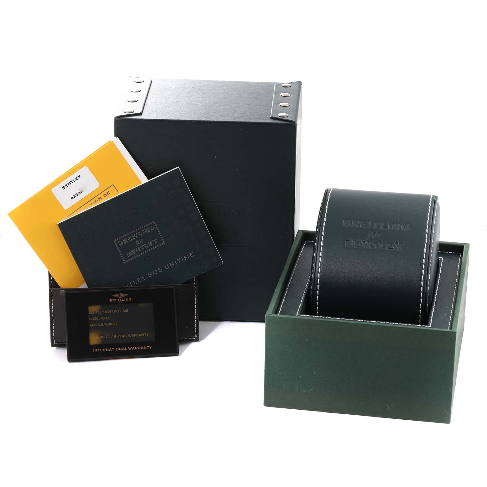 The image shows the packaging and accessories for a Breitling Bentley AB0521U4/BD79 Men's Stainless Steel Black Dial AB0521U4/BD79 Men's Stainless Steel Black Dial watch, including the box, case, and manuals.