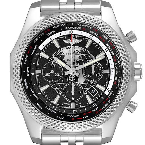 The image shows a front view of the Breitling Bentley watch, highlighting its face, bezel, and side buttons.