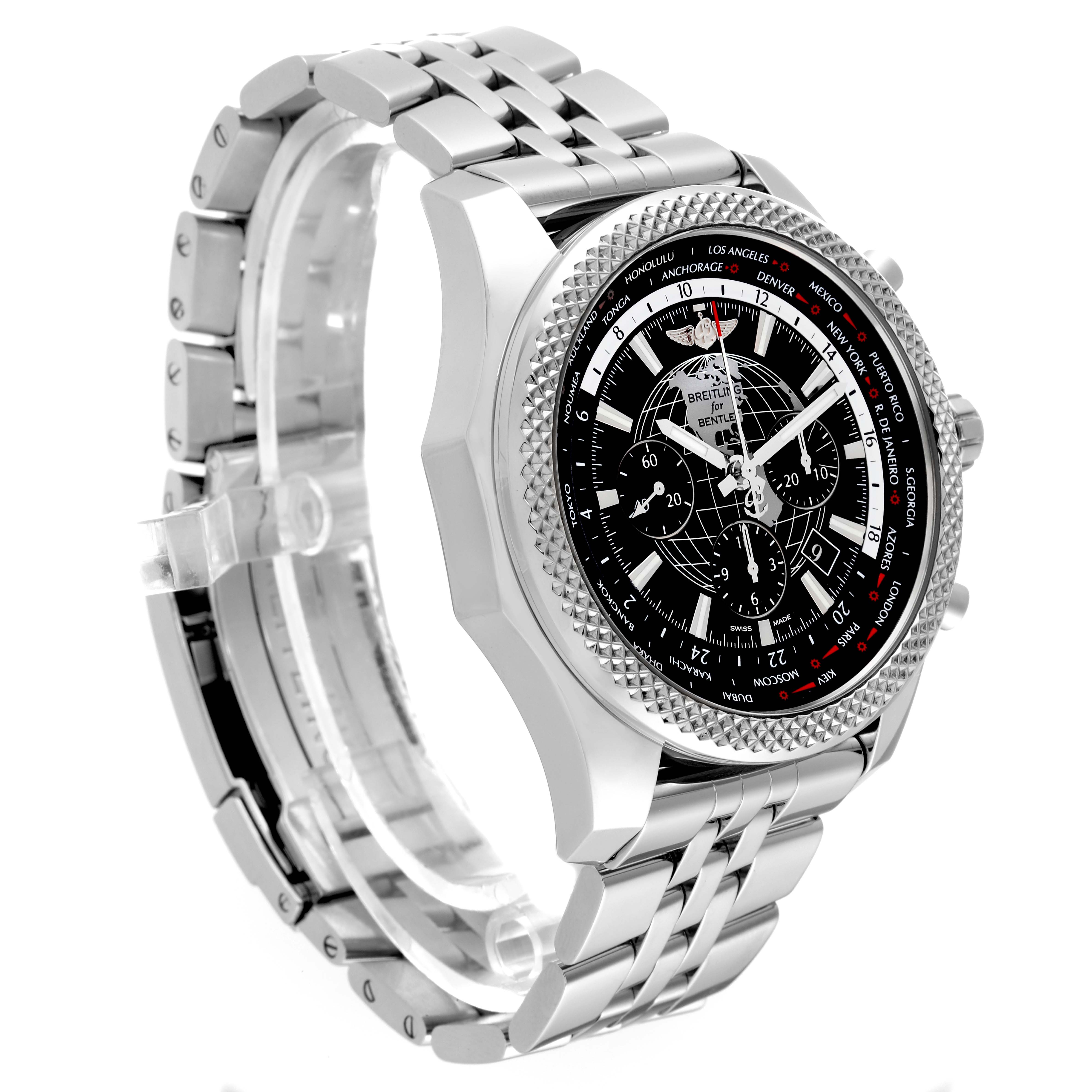 The Breitling Bentley AB0521U4/BD79 Men's Stainless Steel Black Dial AB0521U4/BD79 Men's Stainless Steel Black Dial watch is shown at a three-quarter angle, highlighting its metal bracelet, bezel, and black dial with multiple subdials.