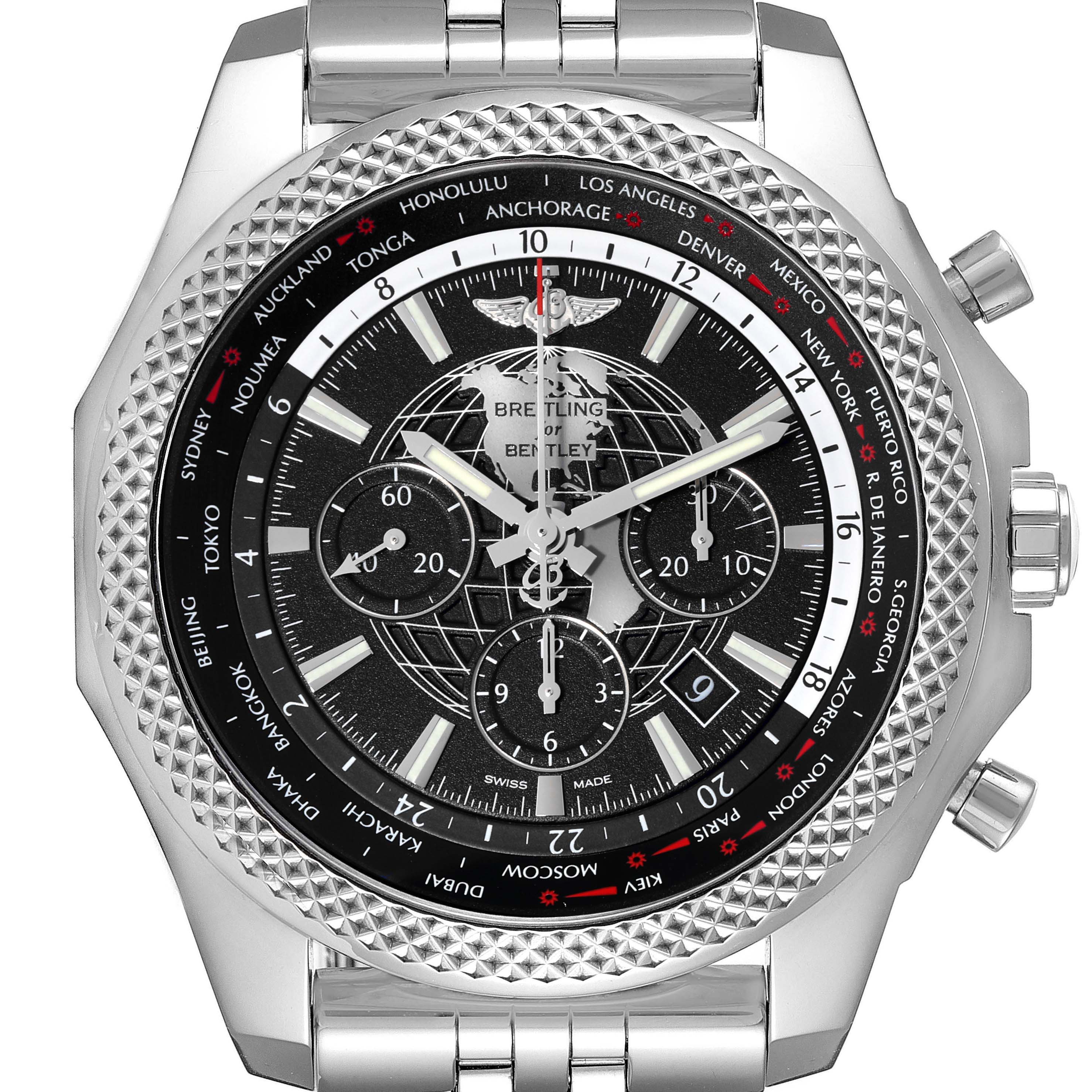 The image shows a frontal view of the Breitling Bentley AB0521U4/BD79 Men's Stainless Steel Black Dial AB0521U4/BD79 Men's Stainless Steel Black Dial model watch, highlighting its bezel, dial, and subdials.
