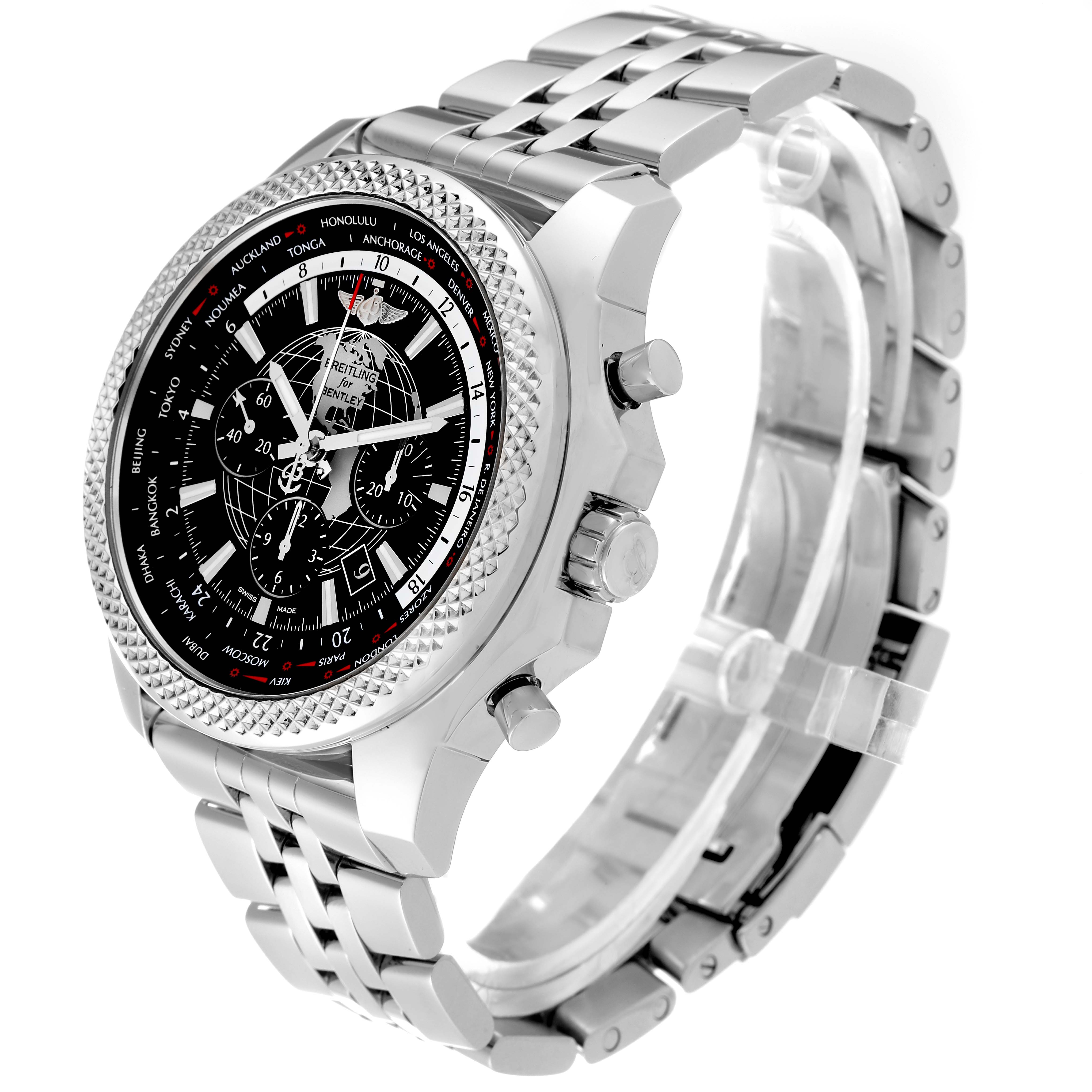 This image shows a side angle of the Breitling Bentley AB0521U4/BD79 Men's Stainless Steel Black Dial AB0521U4/BD79 Men's Stainless Steel Black Dial watch, highlighting its silver bracelet, bezel, and intricate black dial.