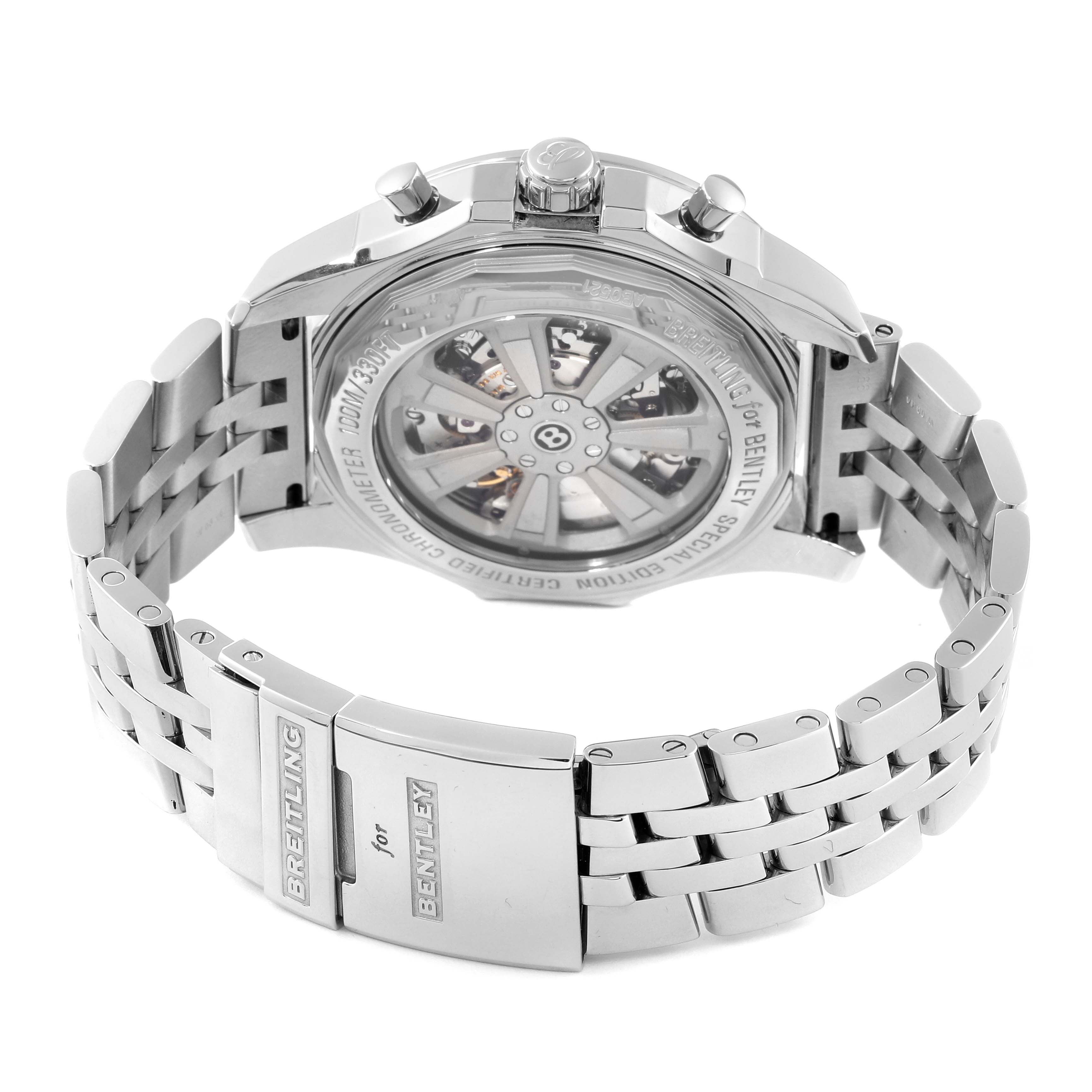 This image shows the back view of the Breitling for Bentley watch, highlighting the rear casing, bracelet, and deployment clasp.