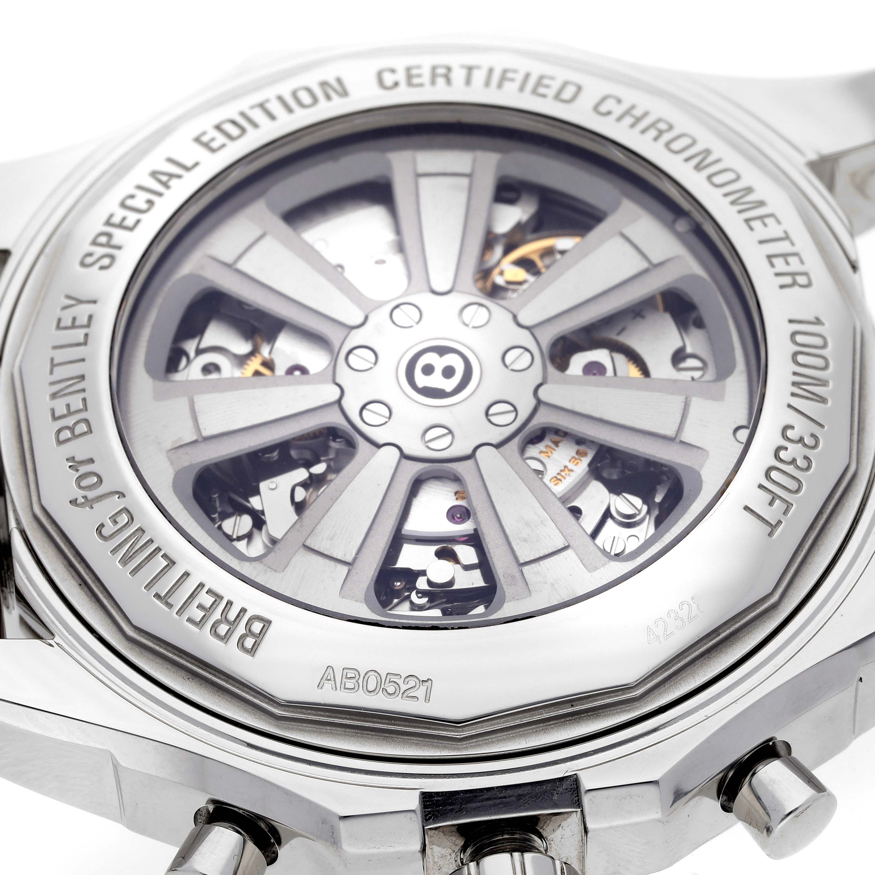 This image shows the back case of a Breitling Bentley AB0521U4/BD79 Men's Stainless Steel Black Dial AB0521U4/BD79 Men's Stainless Steel Black Dial watch, highlighting its certified chronometer movement and intricate mechanics.