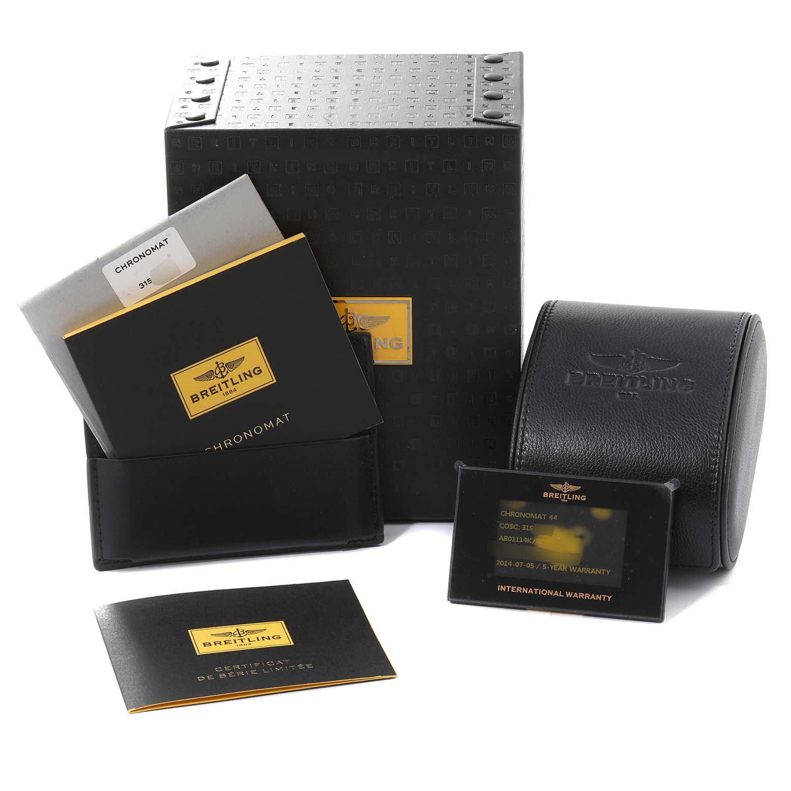 The image shows the packaging and documentation for the Breitling Chronomat AB01114K/BD34 Men's Stainless Steel Mother of Pearl Dial AB01114K/BD34 Men's Stainless Steel Mother of Pearl Dial watch, including the box, case, manual, and warranty cards.