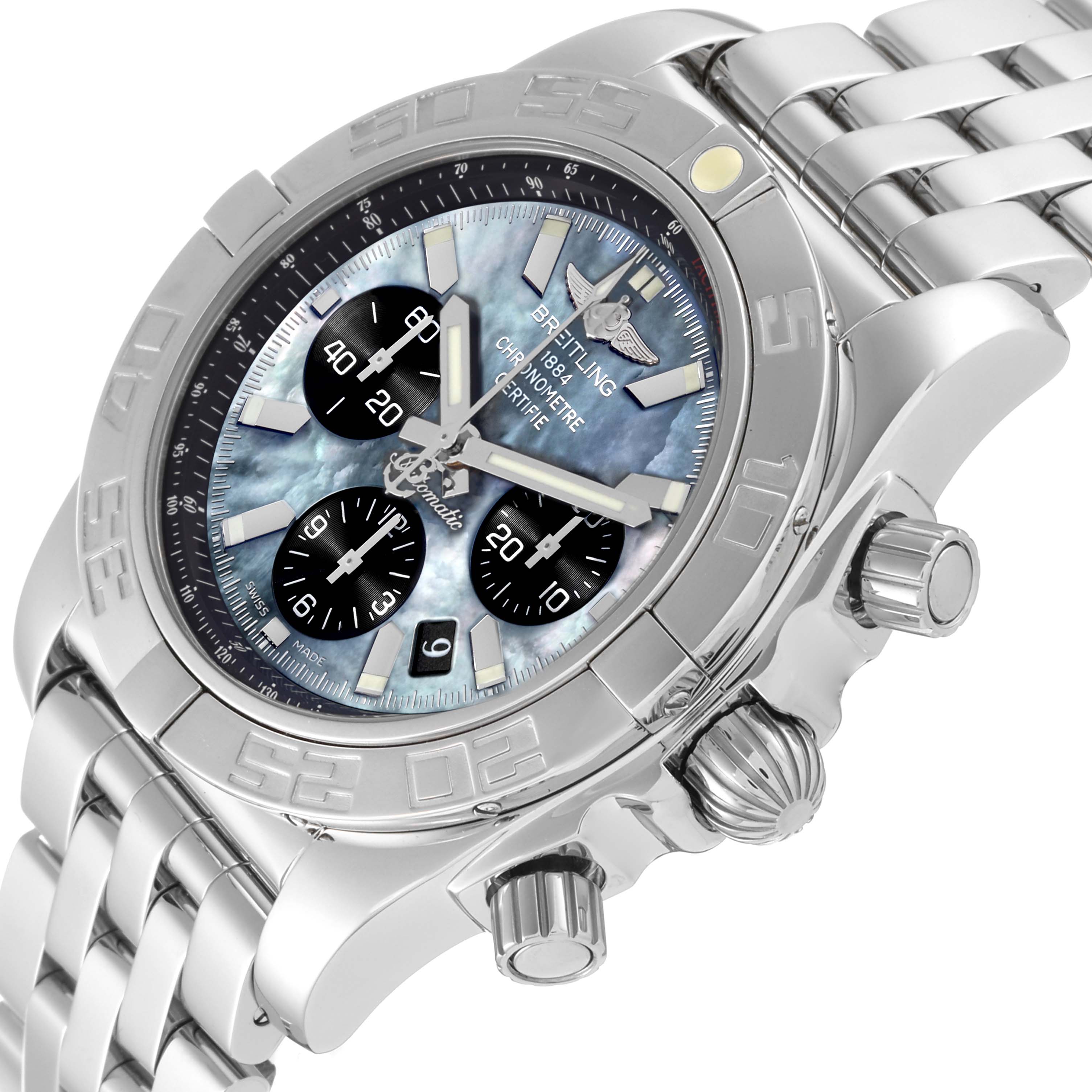 The image shows a Breitling Chronomat AB01114K/BD34 Men's Stainless Steel Mother of Pearl Dial AB01114K/BD34 Men's Stainless Steel Mother of Pearl Dial watch at an angled view, highlighting its blue dial, chronograph subdials, and metal bracelet.