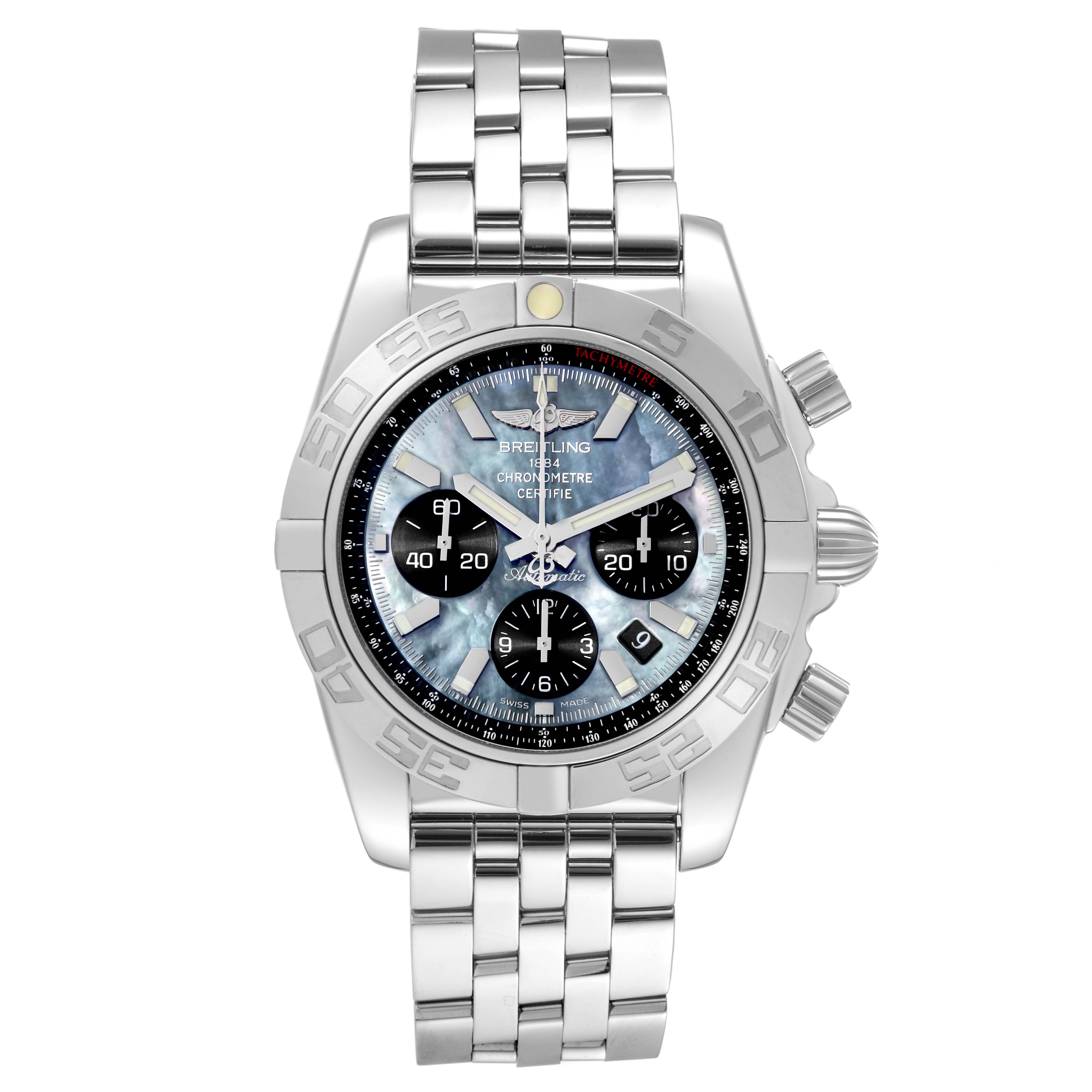 The image shows a front view of the Breitling Chronomat AB01114K/BD34 Men's Stainless Steel Mother of Pearl Dial AB01114K/BD34 Men's Stainless Steel Mother of Pearl Dial watch, displaying its face, bezel, and stainless steel bracelet.