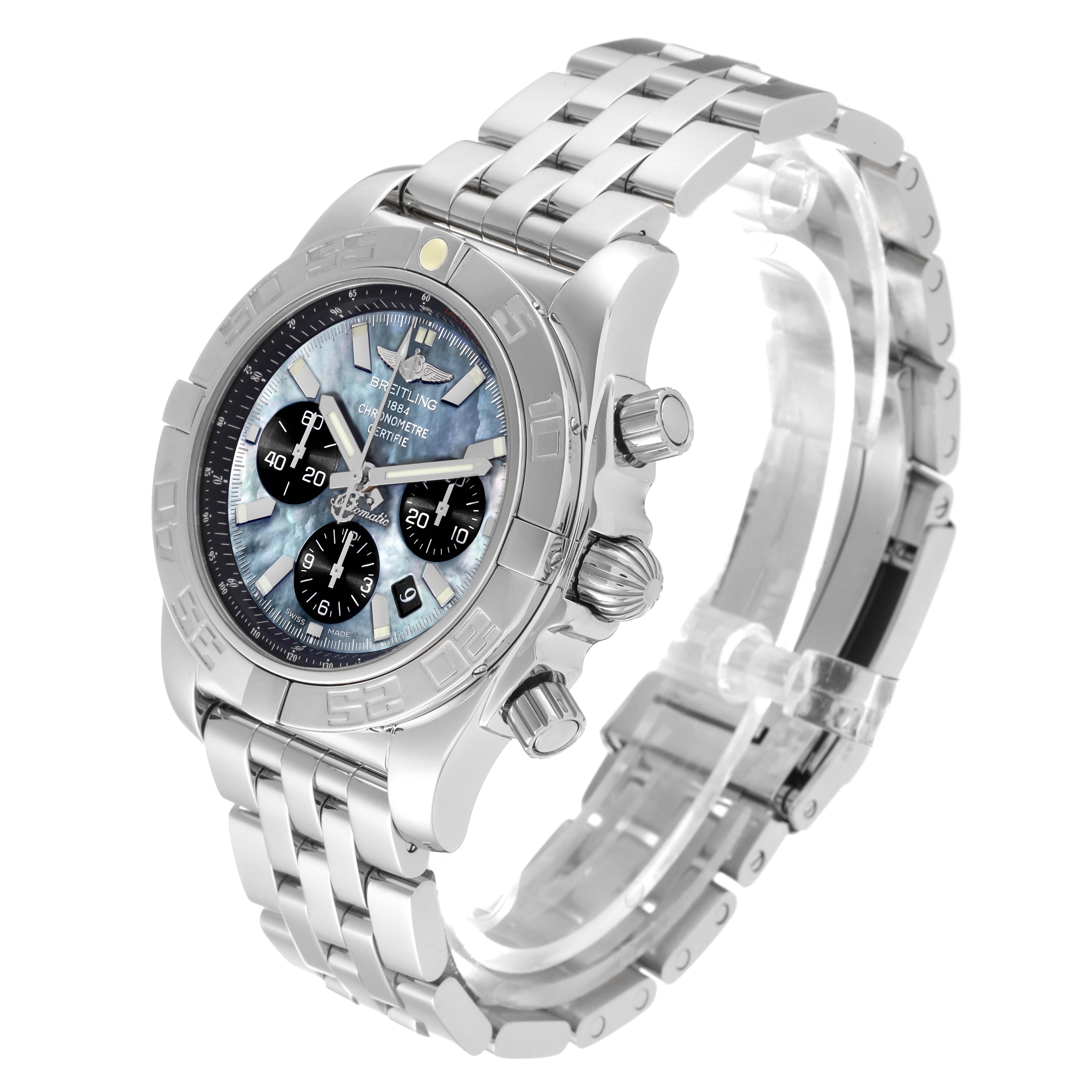 The image shows a Breitling Chronomat AB01114K/BD34 Men's Stainless Steel Mother of Pearl Dial AB01114K/BD34 Men's Stainless Steel Mother of Pearl Dial watch angled to display the face, crown, and part of the bracelet.