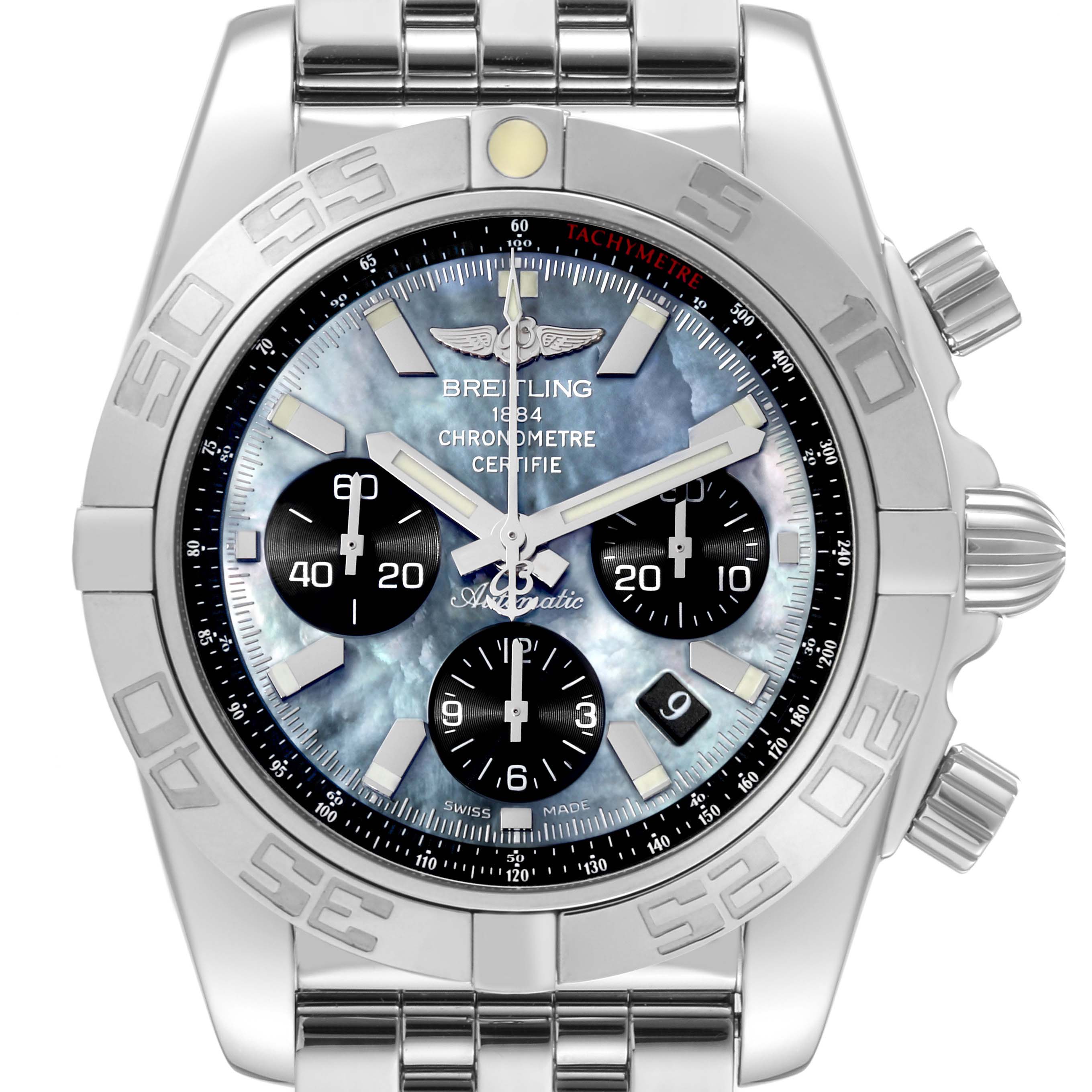 The image shows a close-up of a Breitling Chronomat AB01114K/BD34 Men's Stainless Steel Mother of Pearl Dial AB01114K/BD34 Men's Stainless Steel Mother of Pearl Dial watch, highlighting its face, chronograph subdials, and part of its metal bracelet.
