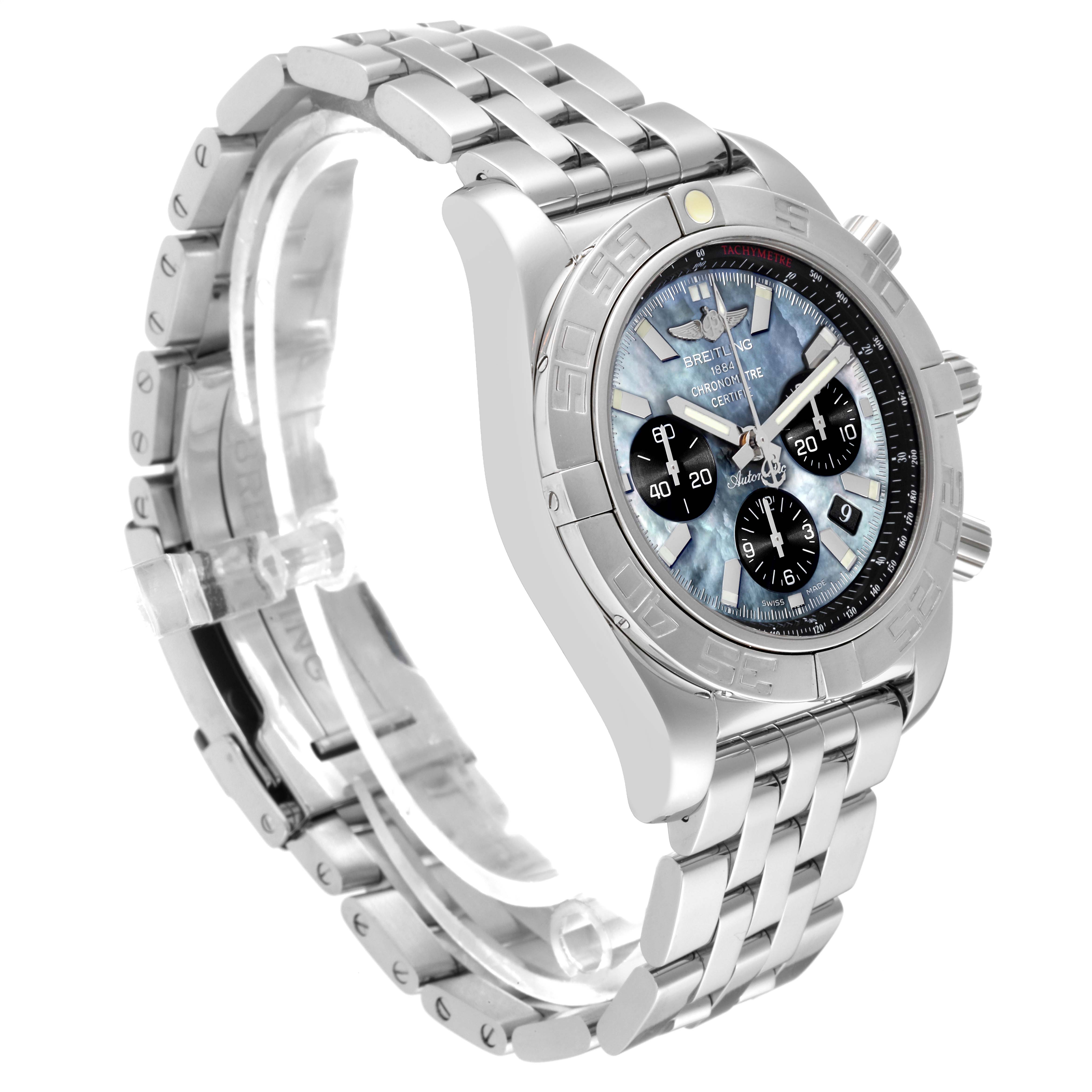The image shows a side angle of a Breitling Chronomat AB01114K/BD34 Men's Stainless Steel Mother of Pearl Dial AB01114K/BD34 Men's Stainless Steel Mother of Pearl Dial watch, highlighting its stainless steel bracelet and face.