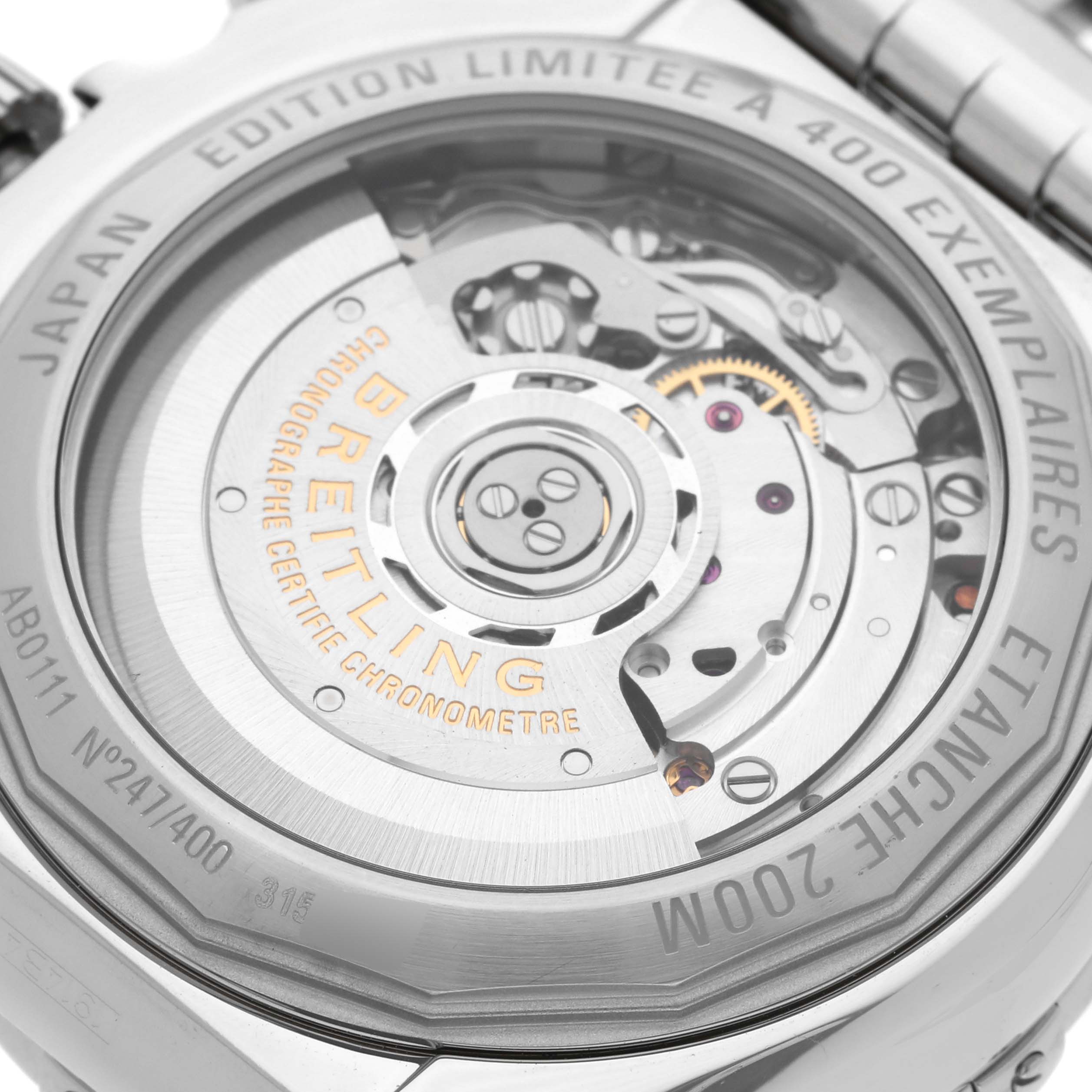 This image shows the back view of the Breitling Chronomat AB01114K/BD34 Men's Stainless Steel Mother of Pearl Dial AB01114K/BD34 Men's Stainless Steel Mother of Pearl Dial watch, highlighting its mechanical movement and limited edition engraving.