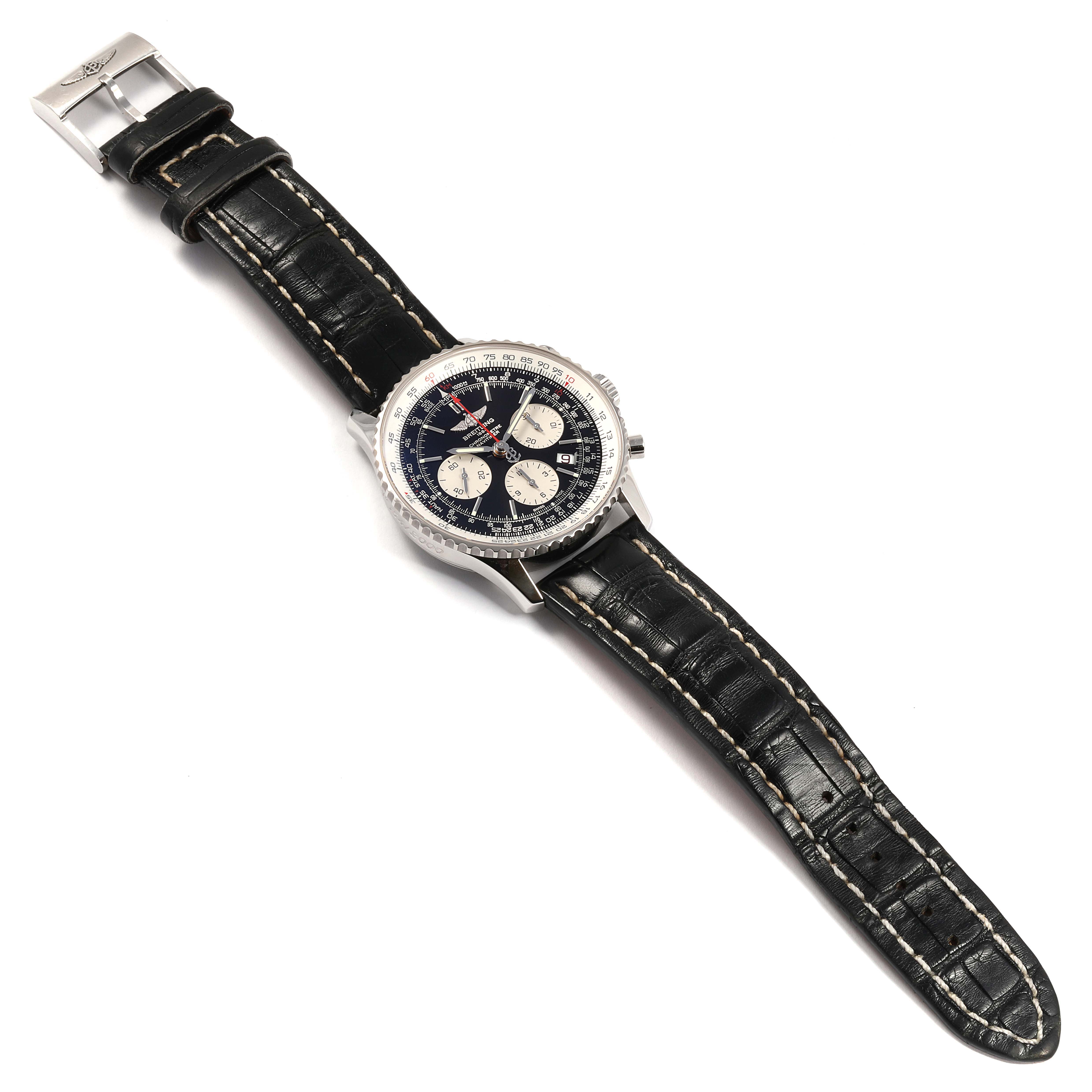 The Breitling Navitimer AB0121 Men's Stainless Steel Black Dial AB0121 Men's Stainless Steel Black Dial watch is shown from an overhead angle, displaying its face, bezel, crown, and the full length of its strap.