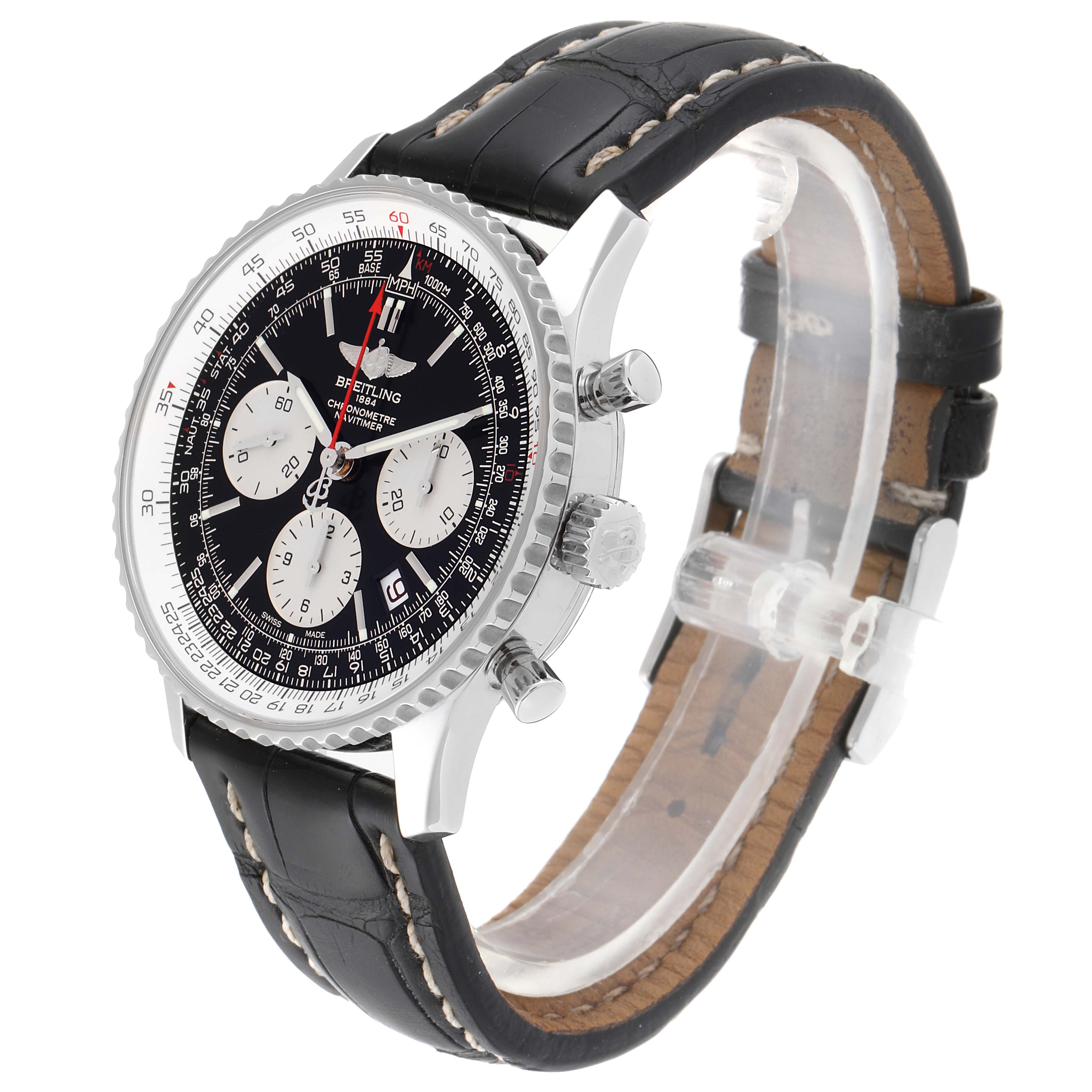 The image shows a side angle of the Breitling Navitimer AB0121 Men's Stainless Steel Black Dial AB0121 Men's Stainless Steel Black Dial watch, highlighting the dial, bezel, crown, pushers, and leather strap.