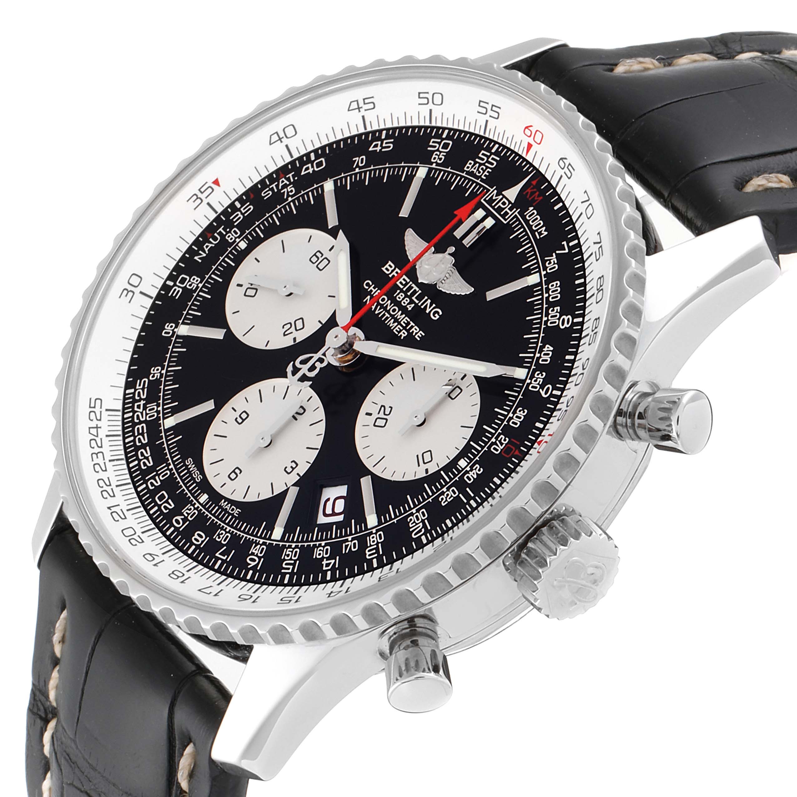The image shows a close-up, angled view of the face, bezel, and crown of the Breitling Navitimer AB0121 Men's Stainless Steel Black Dial AB0121 Men's Stainless Steel Black Dial watch.