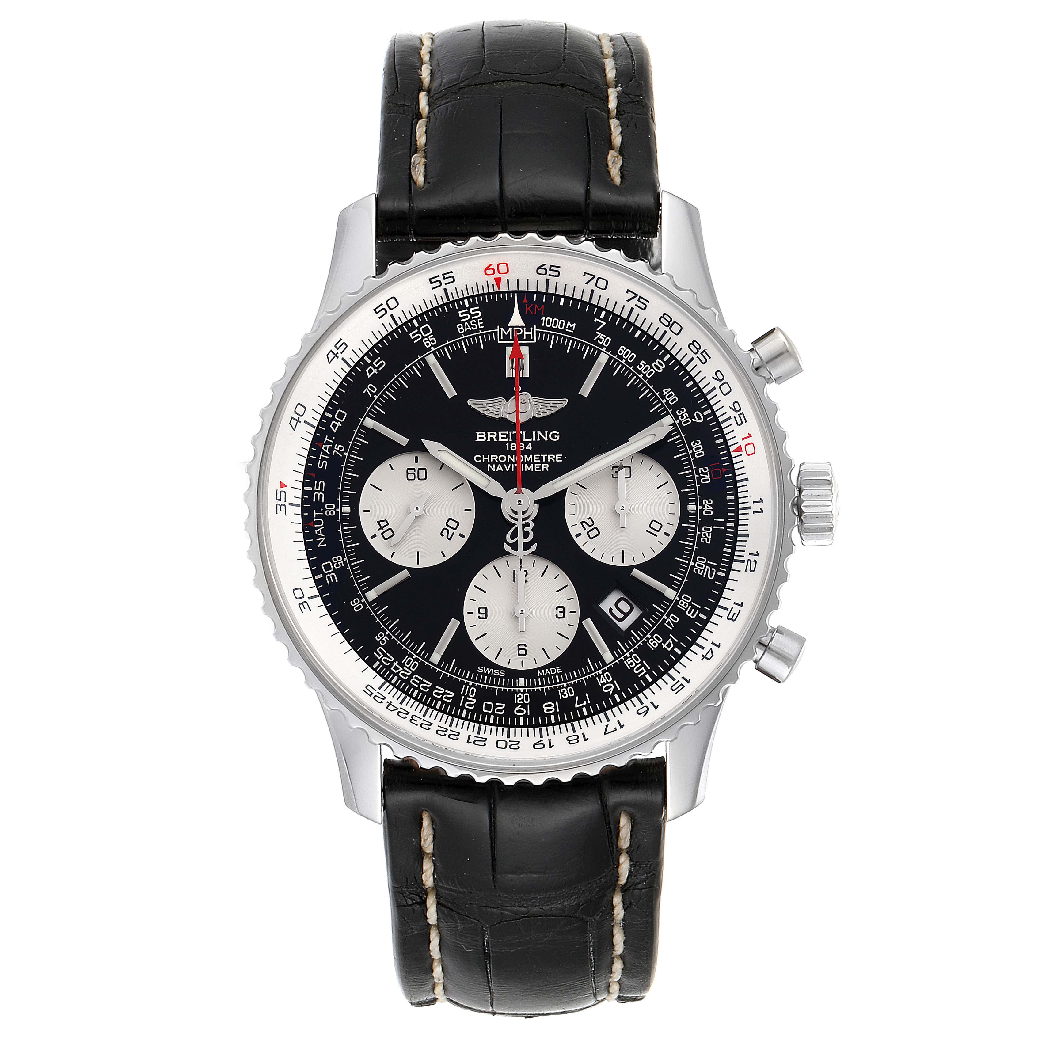This is a front view of the Breitling Navitimer AB0121 Men's Stainless Steel Black Dial AB0121 Men's Stainless Steel Black Dial watch, showcasing its black dial, three sub-dials, and black leather strap.