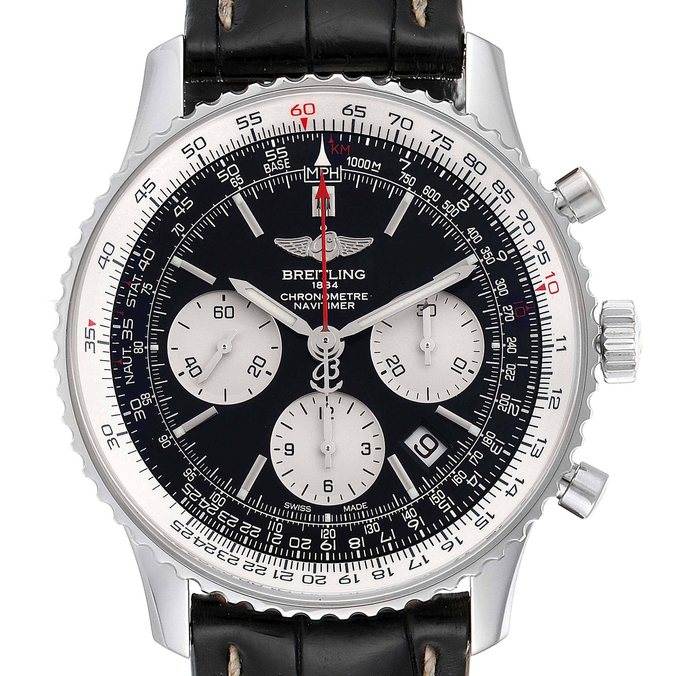 The image shows a front view of a Breitling Navitimer AB0121 Men's Stainless Steel Black Dial AB0121 Men's Stainless Steel Black Dial watch, displaying its face, sub-dials, bezel, and crown.