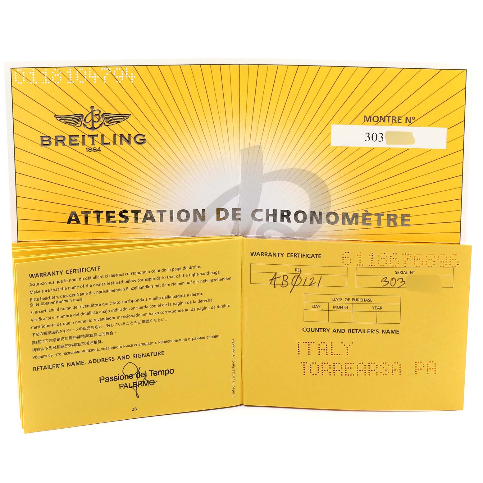 The image shows the warranty certificate for a Breitling Navitimer AB0121 Men's Stainless Steel Black Dial AB0121 Men's Stainless Steel Black Dial watch.