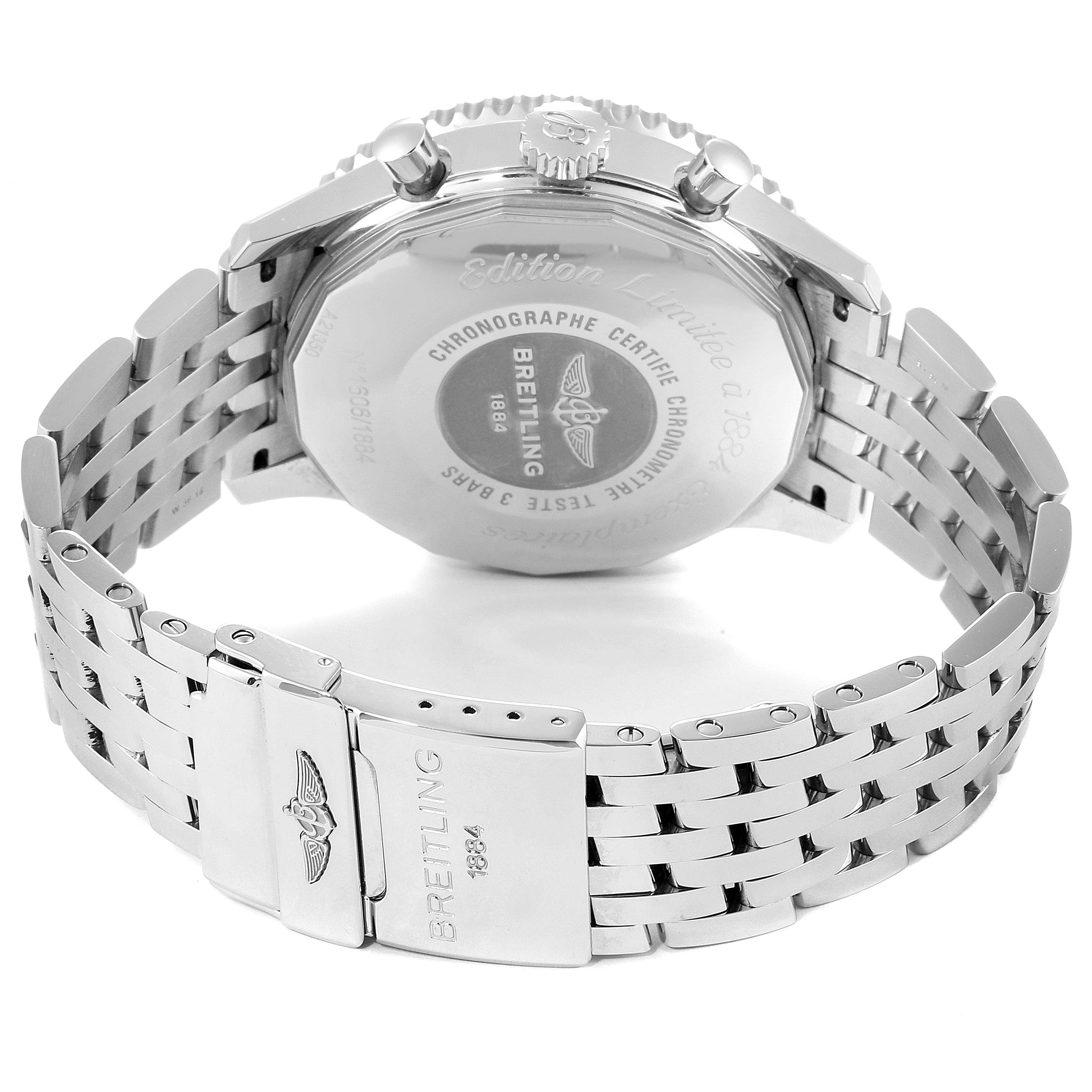 The image shows the back view of the Breitling Navitimer A2135024/BE62-453A Men's Stainless Steel Black Dial A2135024/BE62-453A Men's Stainless Steel Black Dial watch focusing on the stainless steel caseback and bracelet.