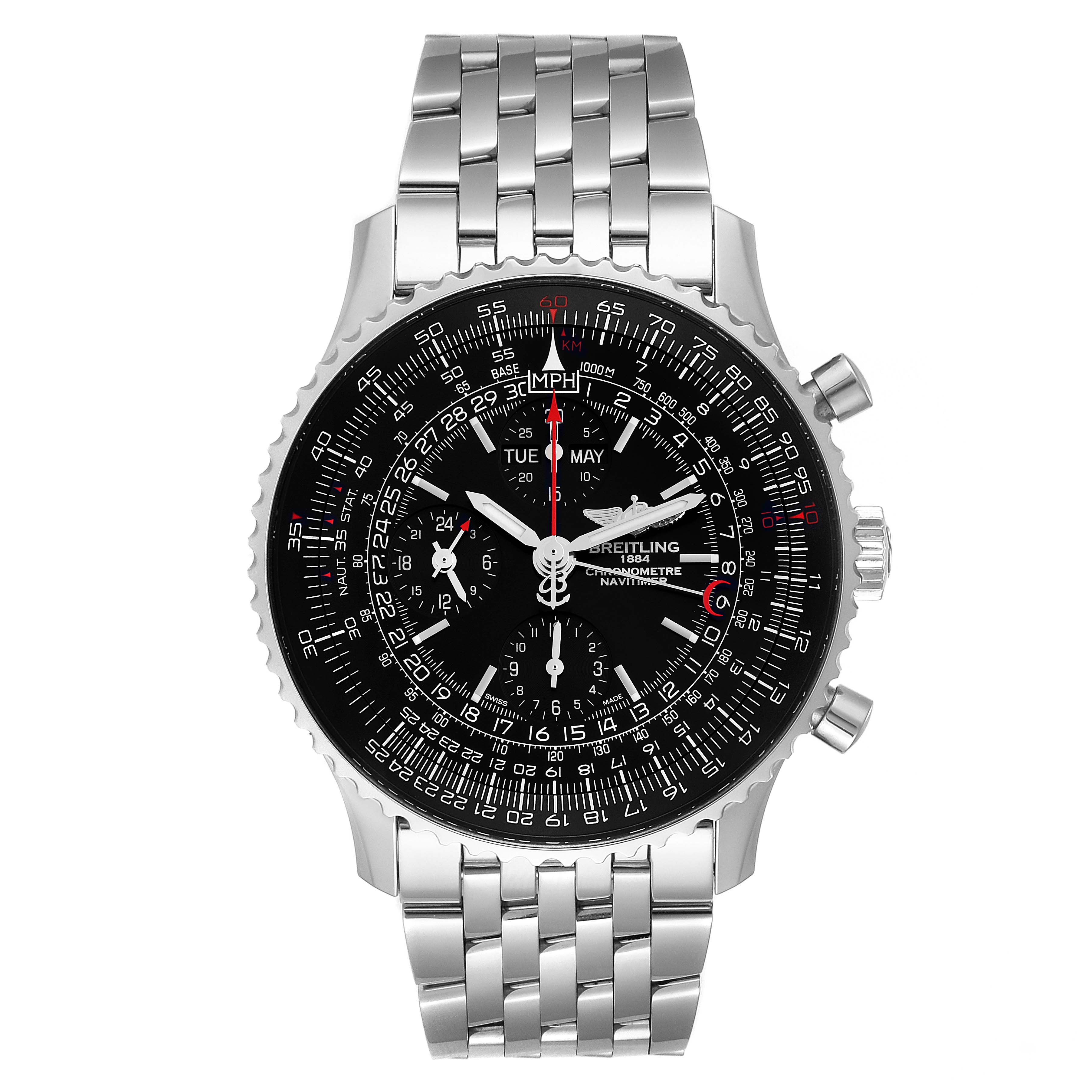 This is a front view of a Breitling Navitimer A2135024/BE62-453A Men's Stainless Steel Black Dial A2135024/BE62-453A Men's Stainless Steel Black Dial watch, showcasing its dial, bezel, and metal bracelet.