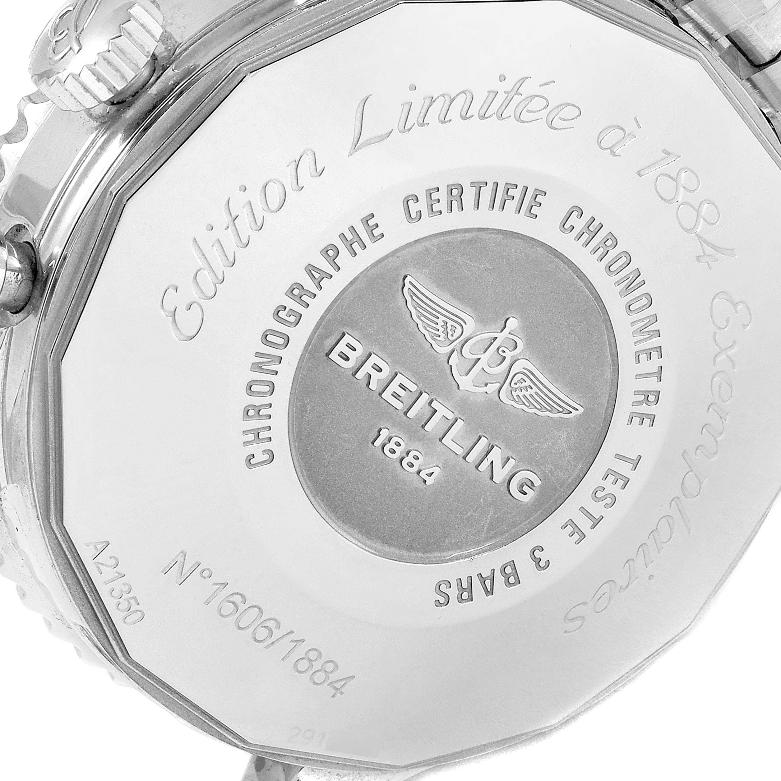 The image shows the back case of the Breitling Navitimer A2135024/BE62-453A Men's Stainless Steel Black Dial A2135024/BE62-453A Men's Stainless Steel Black Dial watch, displaying its engravings and limited edition markings.