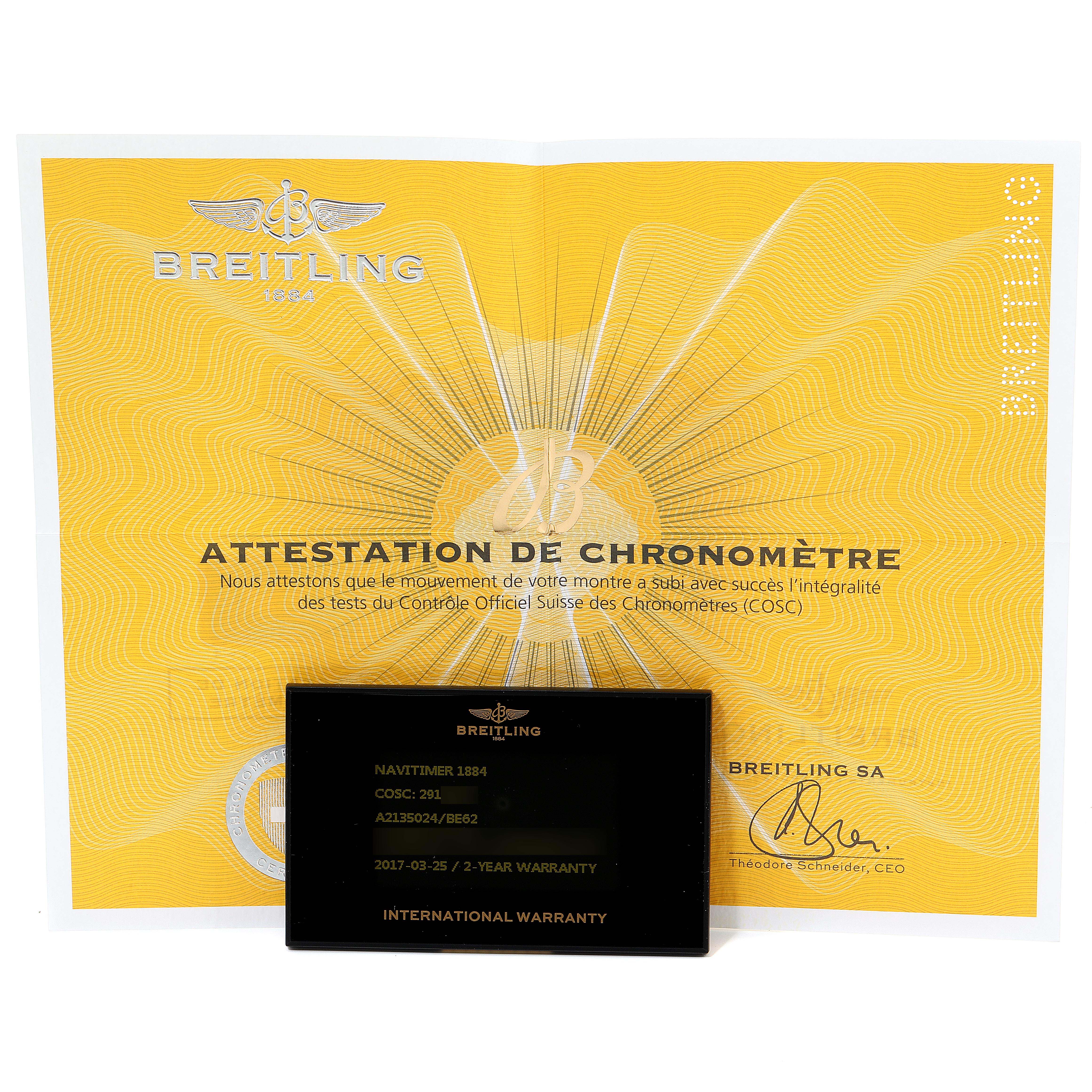 The image shows the certificate and warranty card for a Breitling Navitimer A2135024/BE62-453A Men's Stainless Steel Black Dial A2135024/BE62-453A Men's Stainless Steel Black Dial model, viewed from the front.