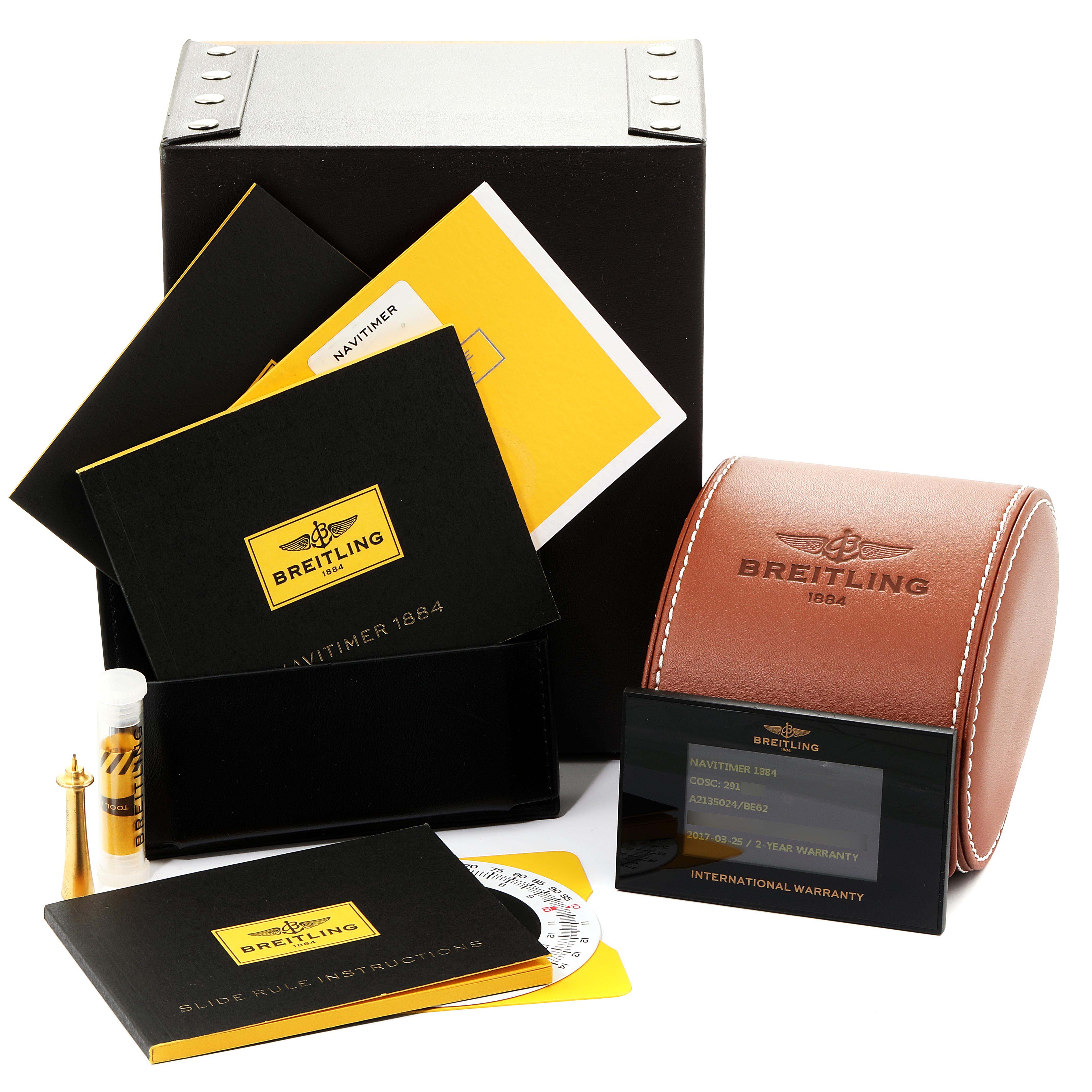 The image shows Breitling Navitimer A2135024/BE62-453A Men's Stainless Steel Black Dial A2135024/BE62-453A Men's Stainless Steel Black Dial watch accessories including manuals, a warranty card, a leather case, and a box.