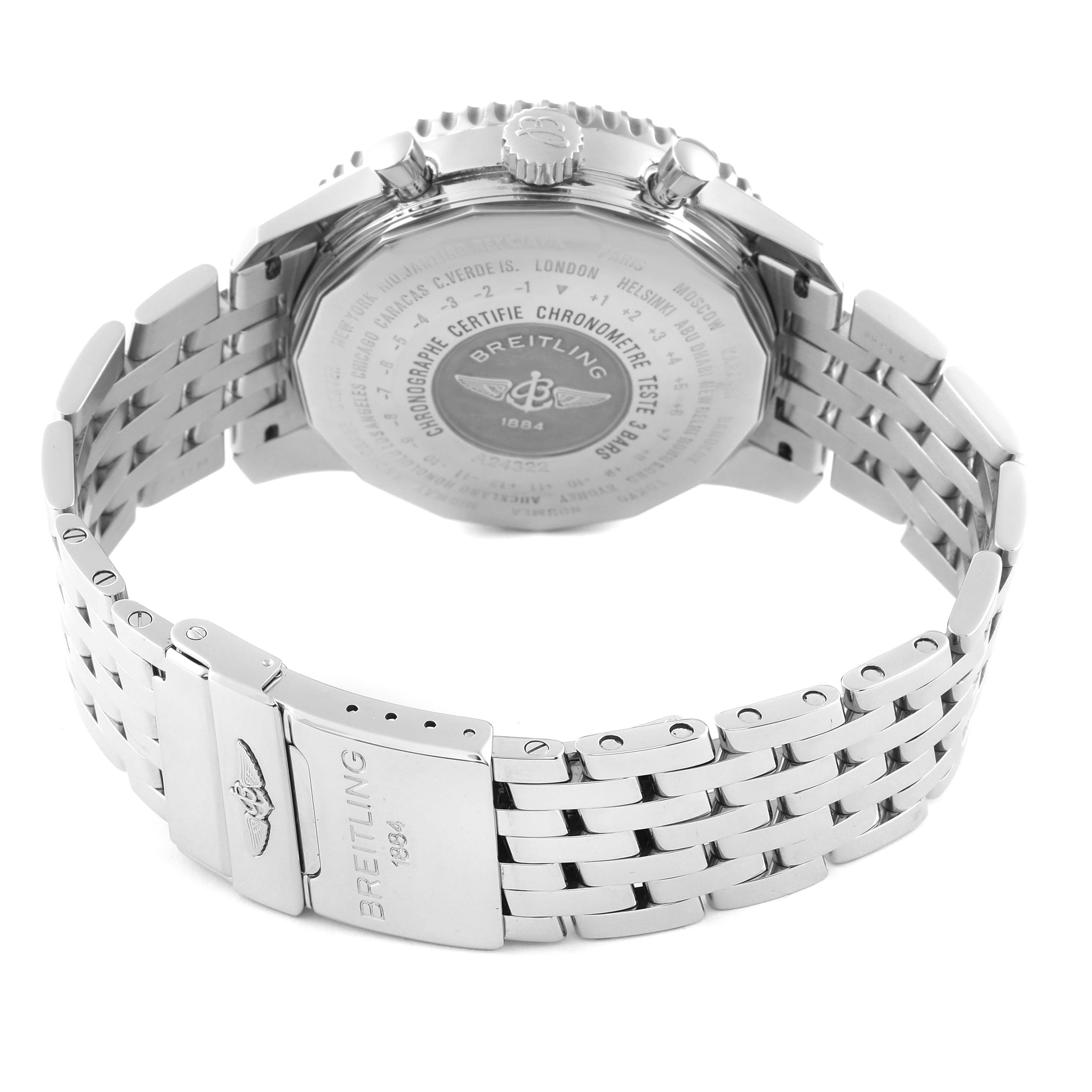 This image shows the back of the Breitling Navitimer A24322 Men's Stainless Steel Black Dial A24322 Men's Stainless Steel Black Dial watch, including its case back, crown, pushers, and metal bracelet.