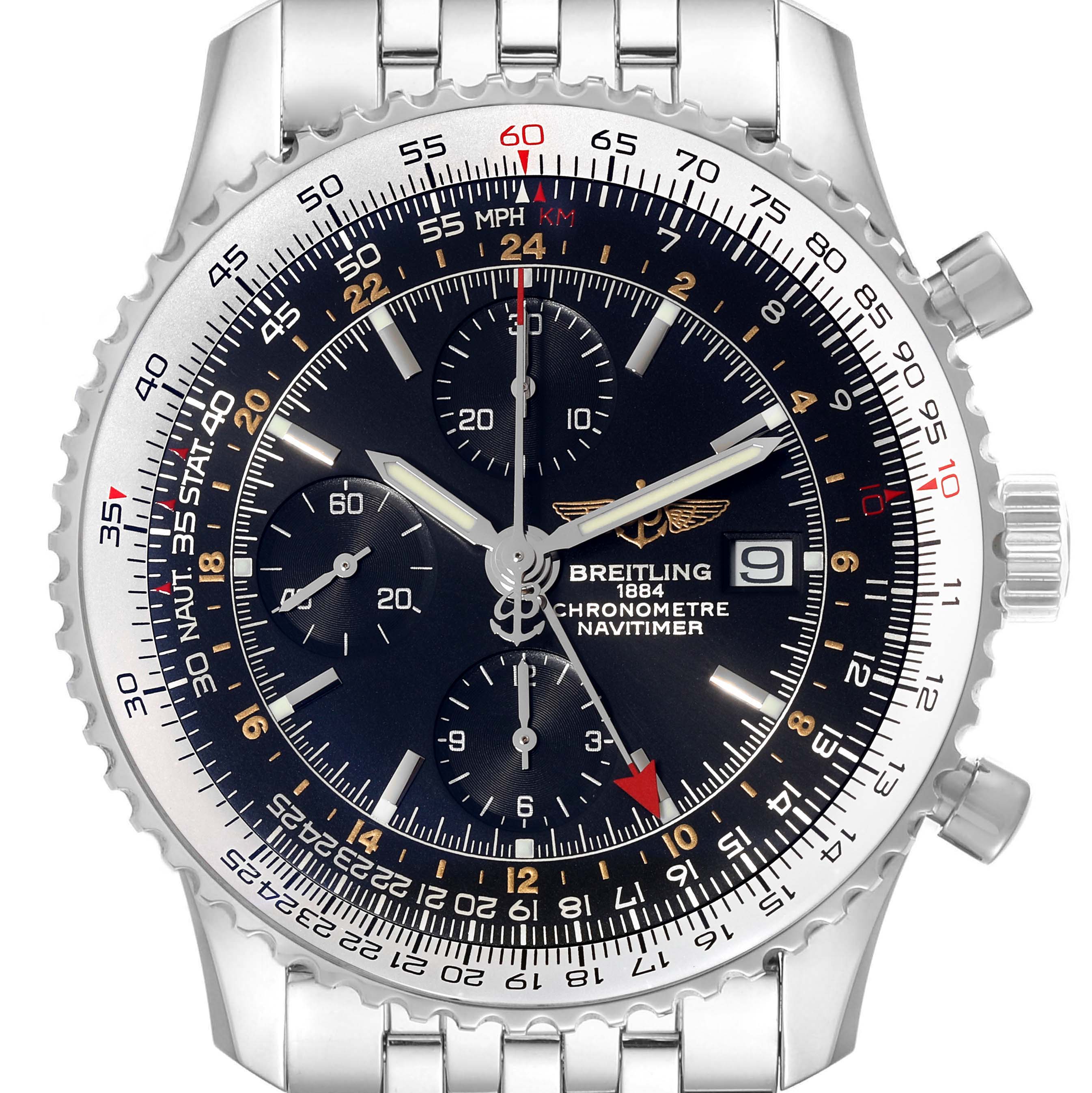 The image shows a frontal view of the Breitling Navitimer A24322 Men's Stainless Steel Black Dial A24322 Men's Stainless Steel Black Dial watch, highlighting its bezel, dial, chronometer subdials, and date display.