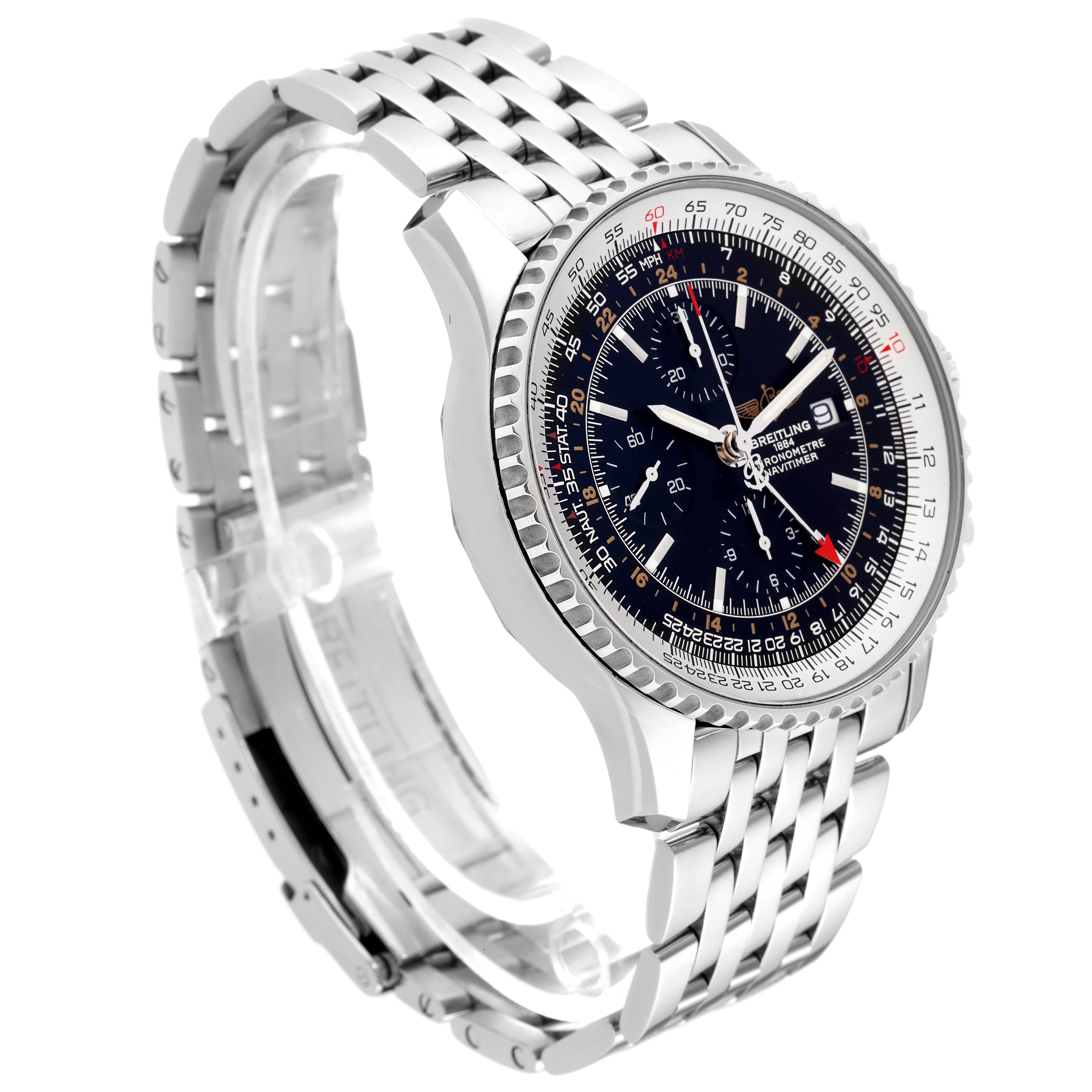 The Breitling Navitimer A24322 Men's Stainless Steel Black Dial A24322 Men's Stainless Steel Black Dial watch is shown at a three-quarter angle, showcasing its face, bezel, and metal link bracelet.