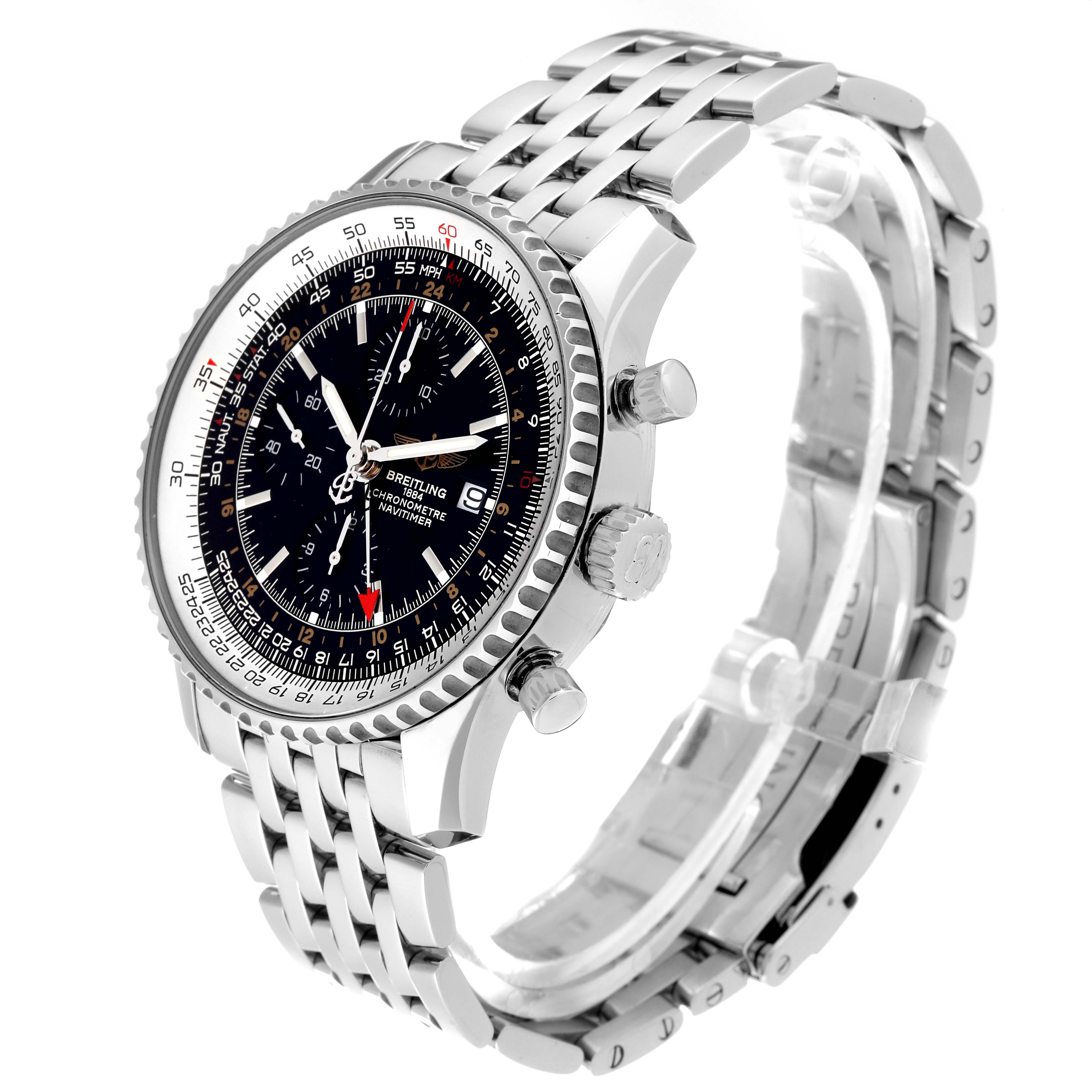 The Breitling Navitimer A24322 Men's Stainless Steel Black Dial A24322 Men's Stainless Steel Black Dial watch is shown at a left-side angle, displaying the dial, bezel, crown, pushers, and metal bracelet.