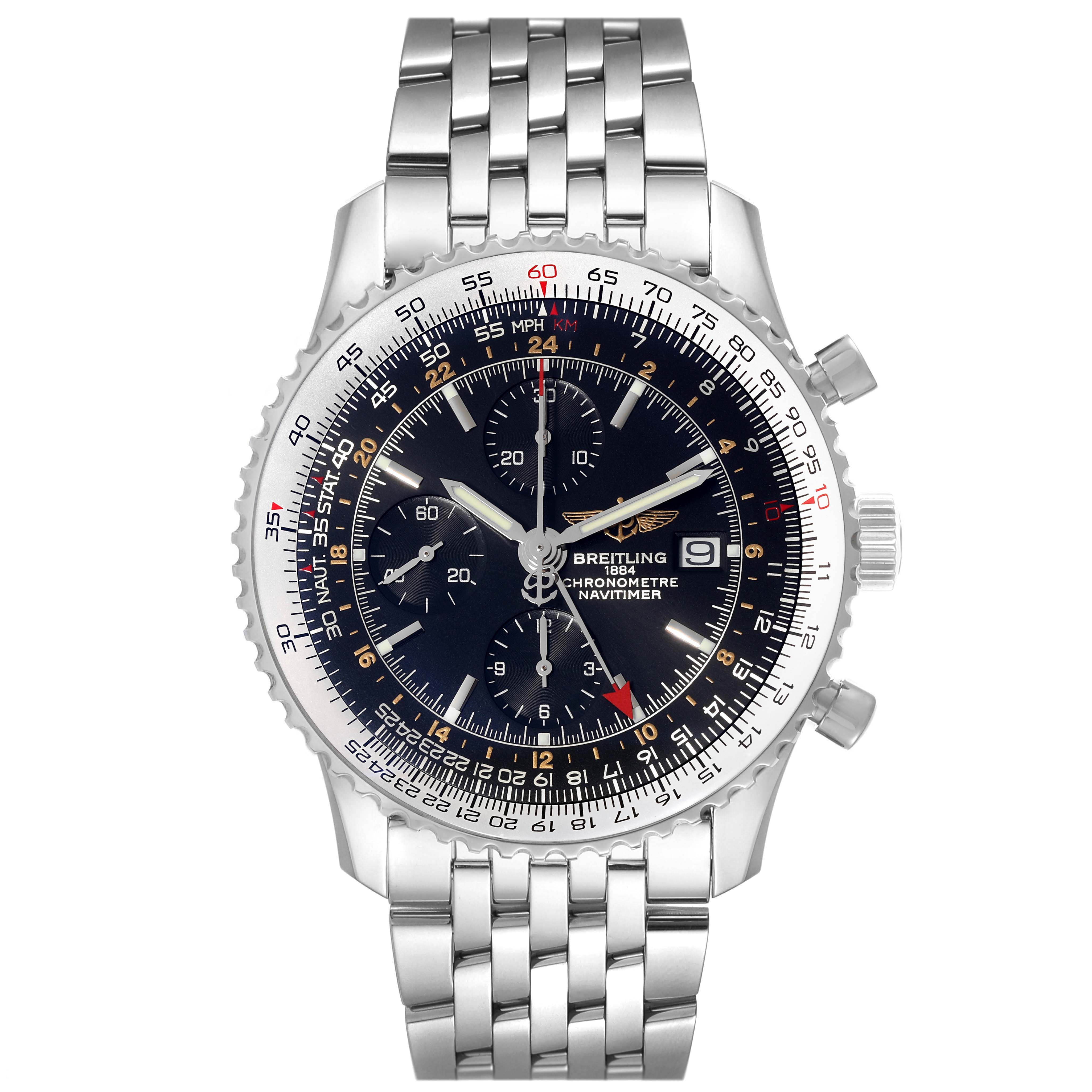 The image shows a front view of a Breitling Navitimer A24322 Men's Stainless Steel Black Dial A24322 Men's Stainless Steel Black Dial watch, highlighting its bezel, dial, chronograph sub-dials, date display, and bracelet.