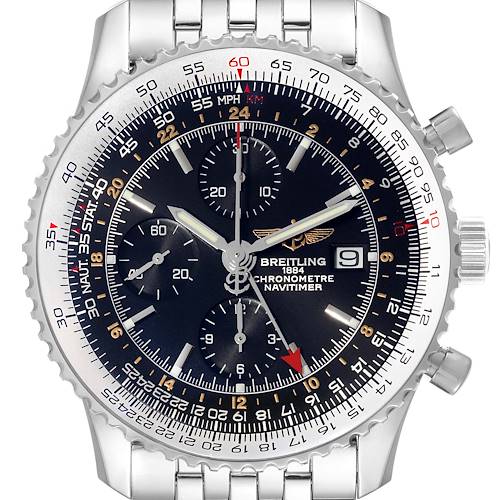 The image shows the front view of the Breitling Navitimer watch, displaying its dial, bezel, chronograph sub-dials, and bracelet.