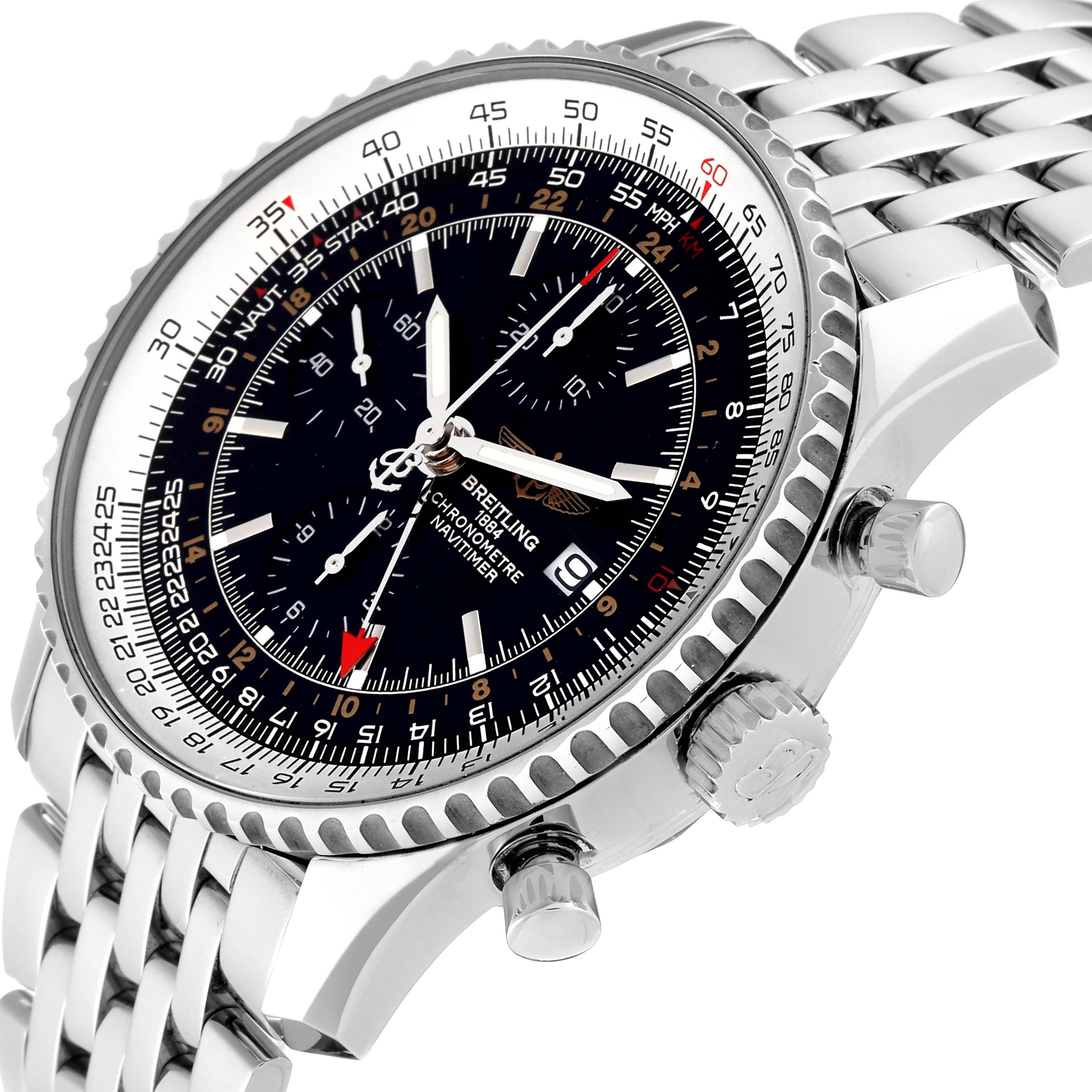 The watch is a Breitling Navitimer A24322 Men's Stainless Steel Black Dial A24322 Men's Stainless Steel Black Dial model shown at a slight angle, highlighting its face, bezel, crown, and chronograph pushers.