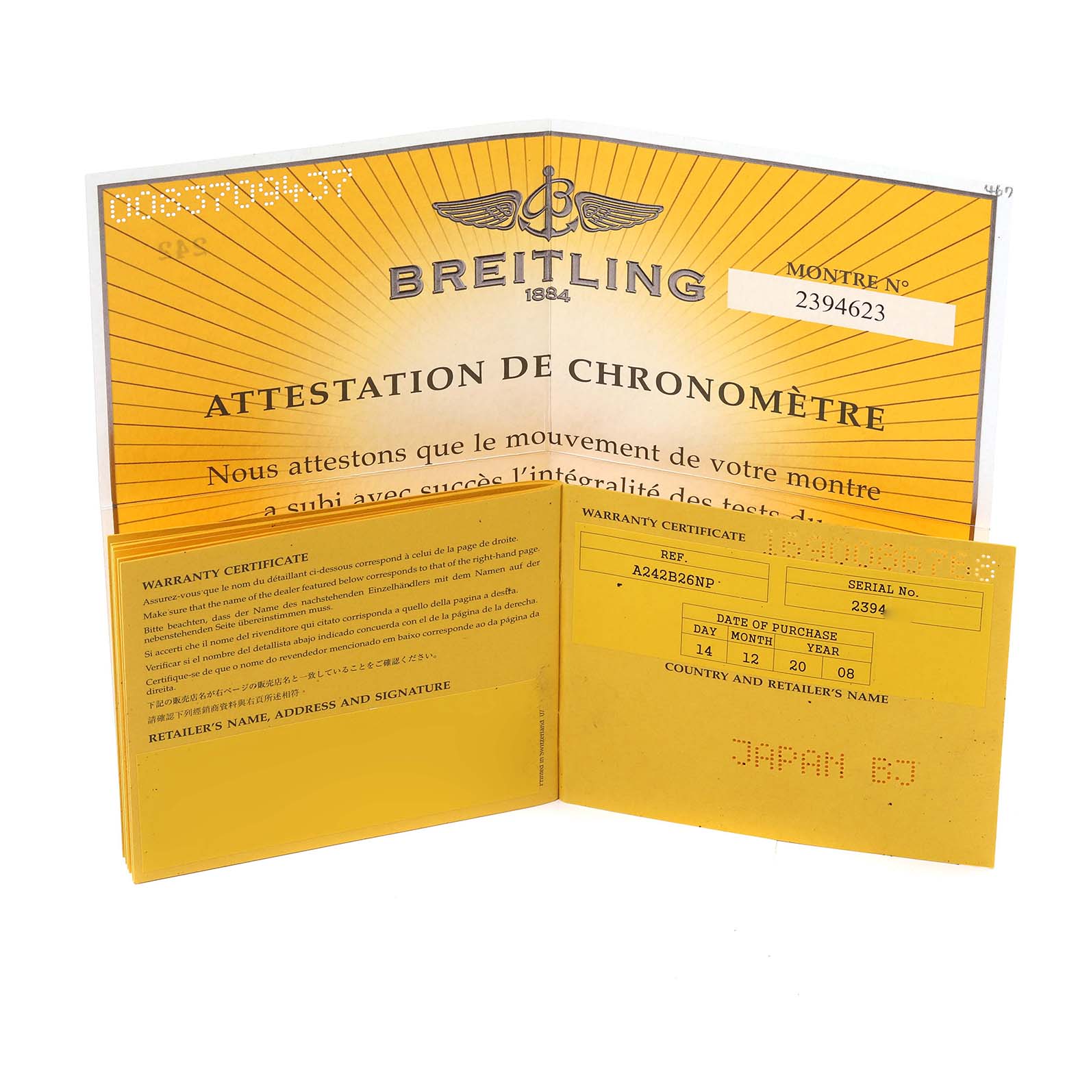 The image shows the warranty certificate and chronometer certification booklet for a Breitling Navitimer A24322 Men's Stainless Steel Black Dial A24322 Men's Stainless Steel Black Dial watch.