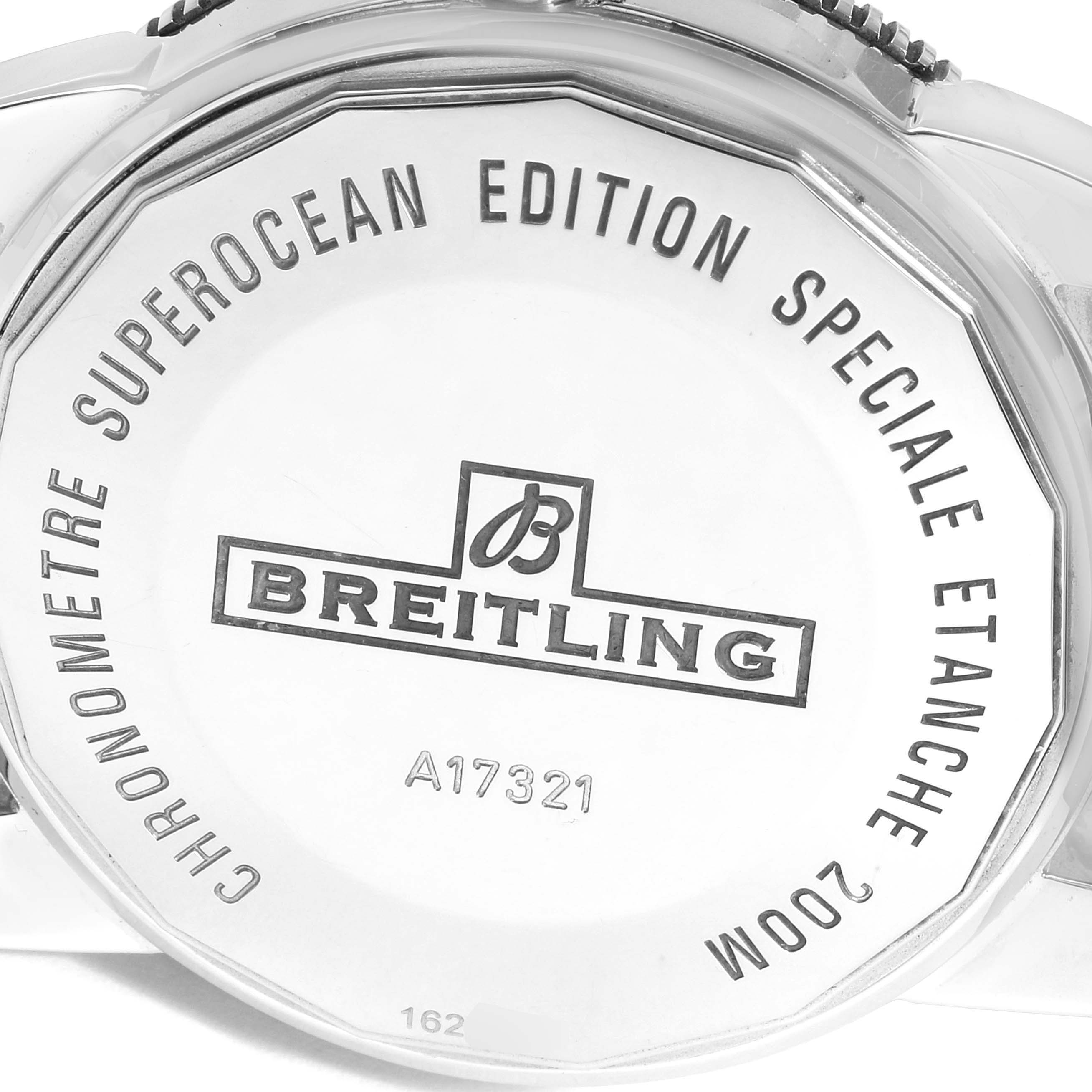 This is the back view of the Breitling Superocean A17321 Men's Stainless Steel Black Dial A17321 Men's Stainless Steel Black Dial model, showing the case back with engraved details.