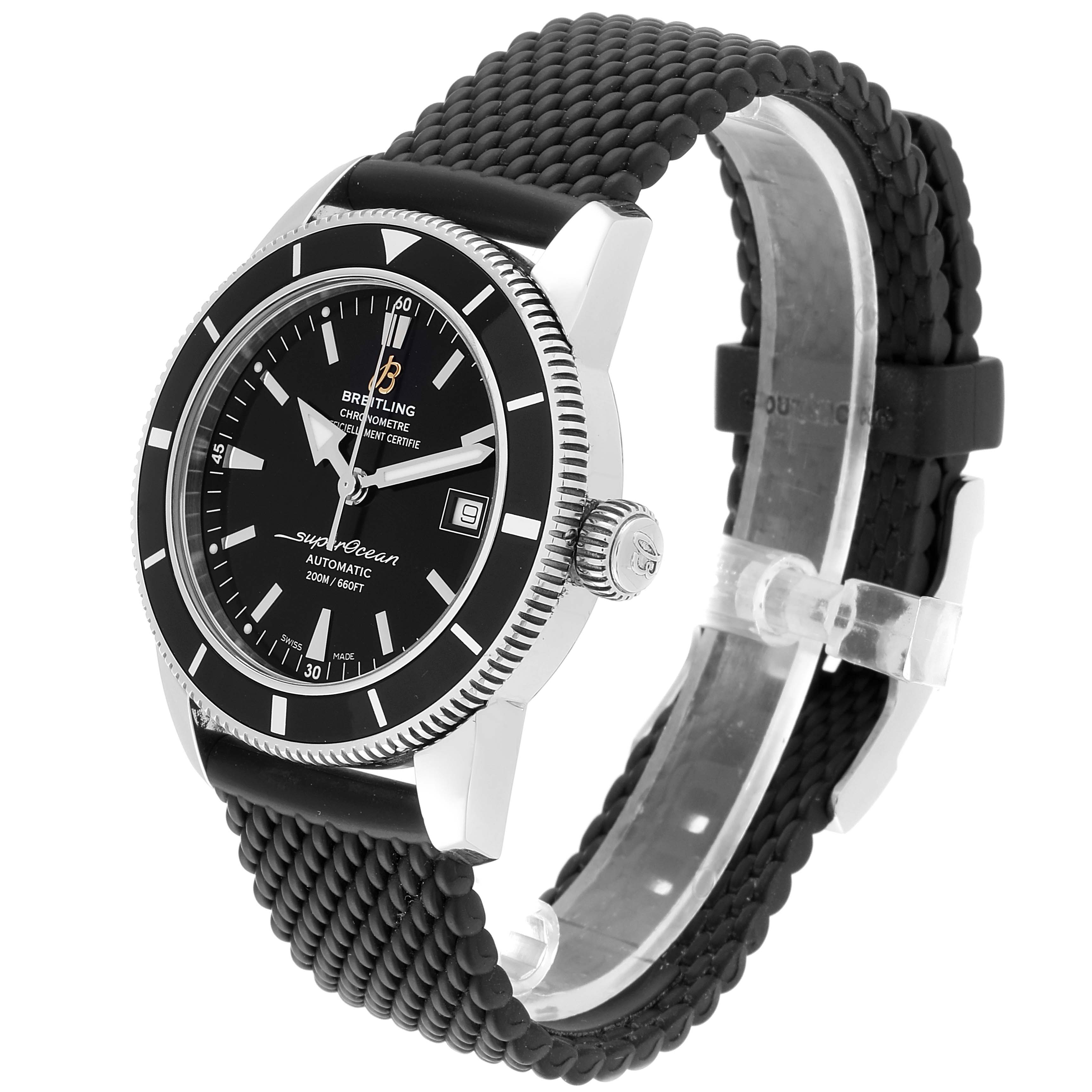 The Breitling Superocean A17321 Men's Stainless Steel Black Dial A17321 Men's Stainless Steel Black Dial watch is shown at an angled side view, highlighting the watch face, bezel, crown, and strap.