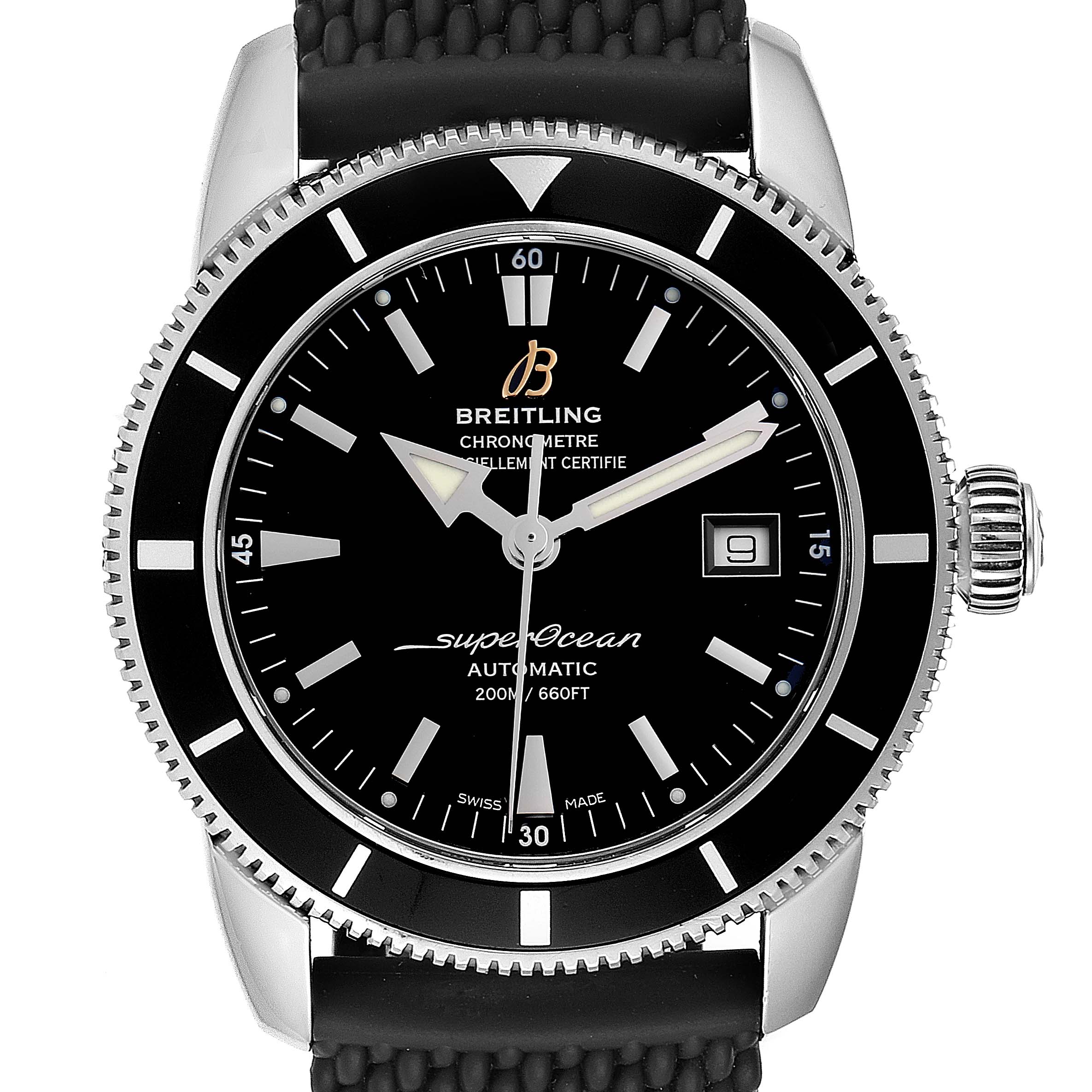 This image shows a front view of the Breitling Superocean A17321 Men's Stainless Steel Black Dial A17321 Men's Stainless Steel Black Dial watch, highlighting the dial, bezel, and crown.