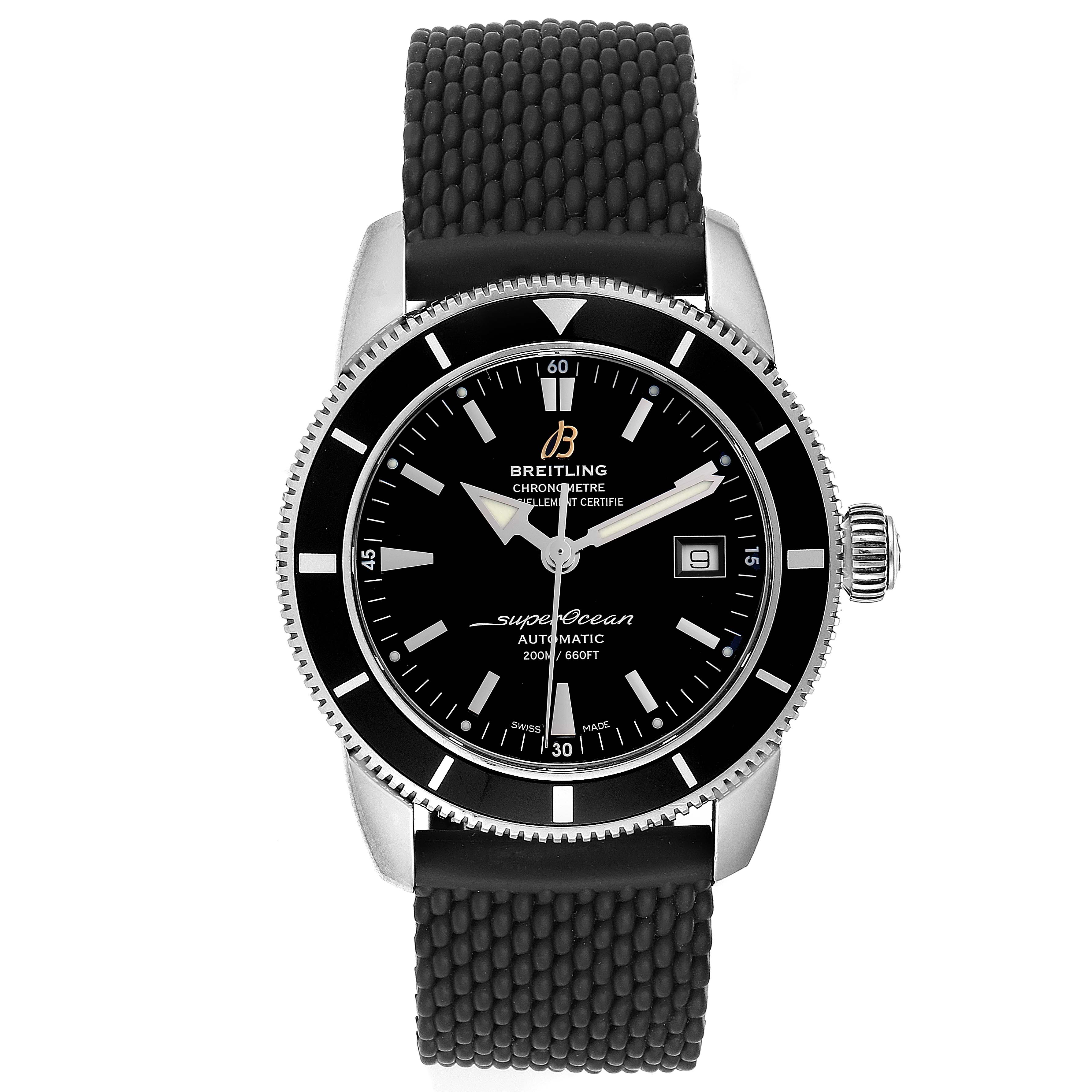 The image shows a frontal view of the Breitling Superocean A17321 Men's Stainless Steel Black Dial A17321 Men's Stainless Steel Black Dial watch, highlighting its dial, bezel, and strap.