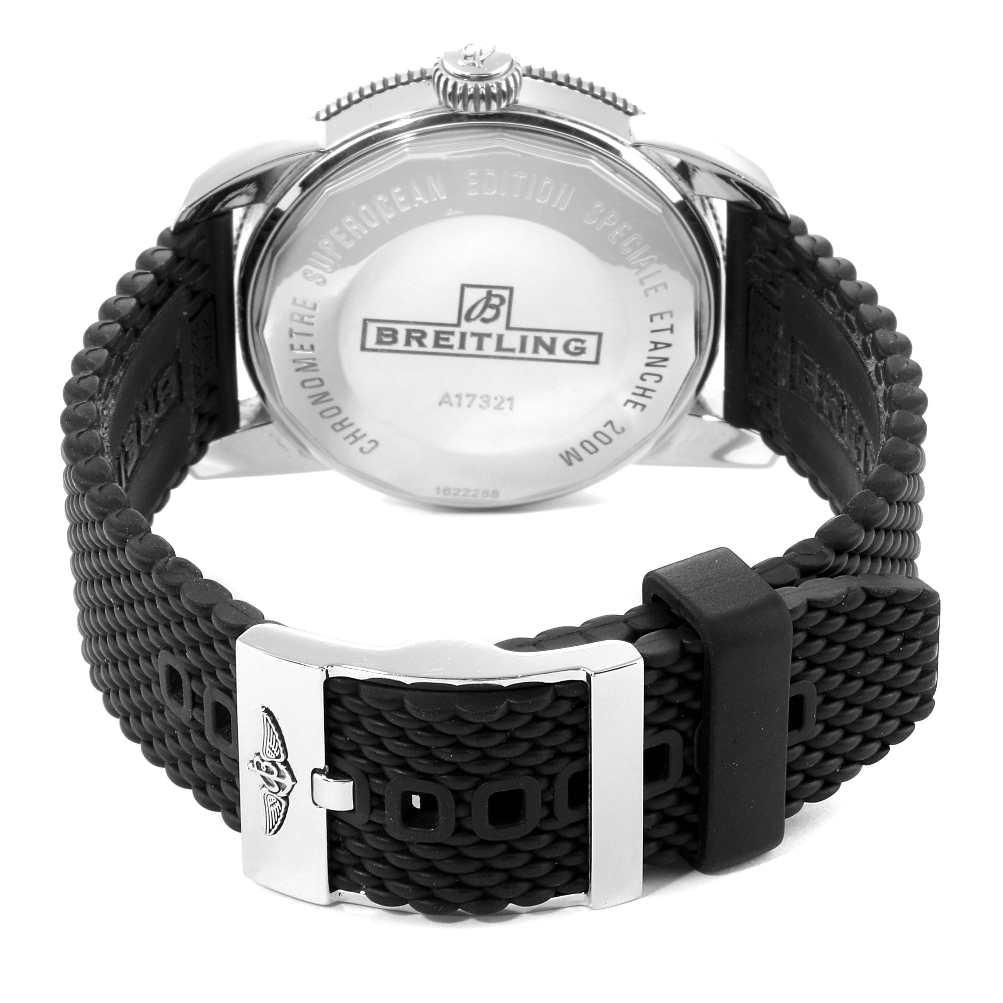The image shows the back of a Breitling Superocean A17321 Men's Stainless Steel Black Dial A17321 Men's Stainless Steel Black Dial watch, highlighting the case back and black rubber strap with a branded clasp.