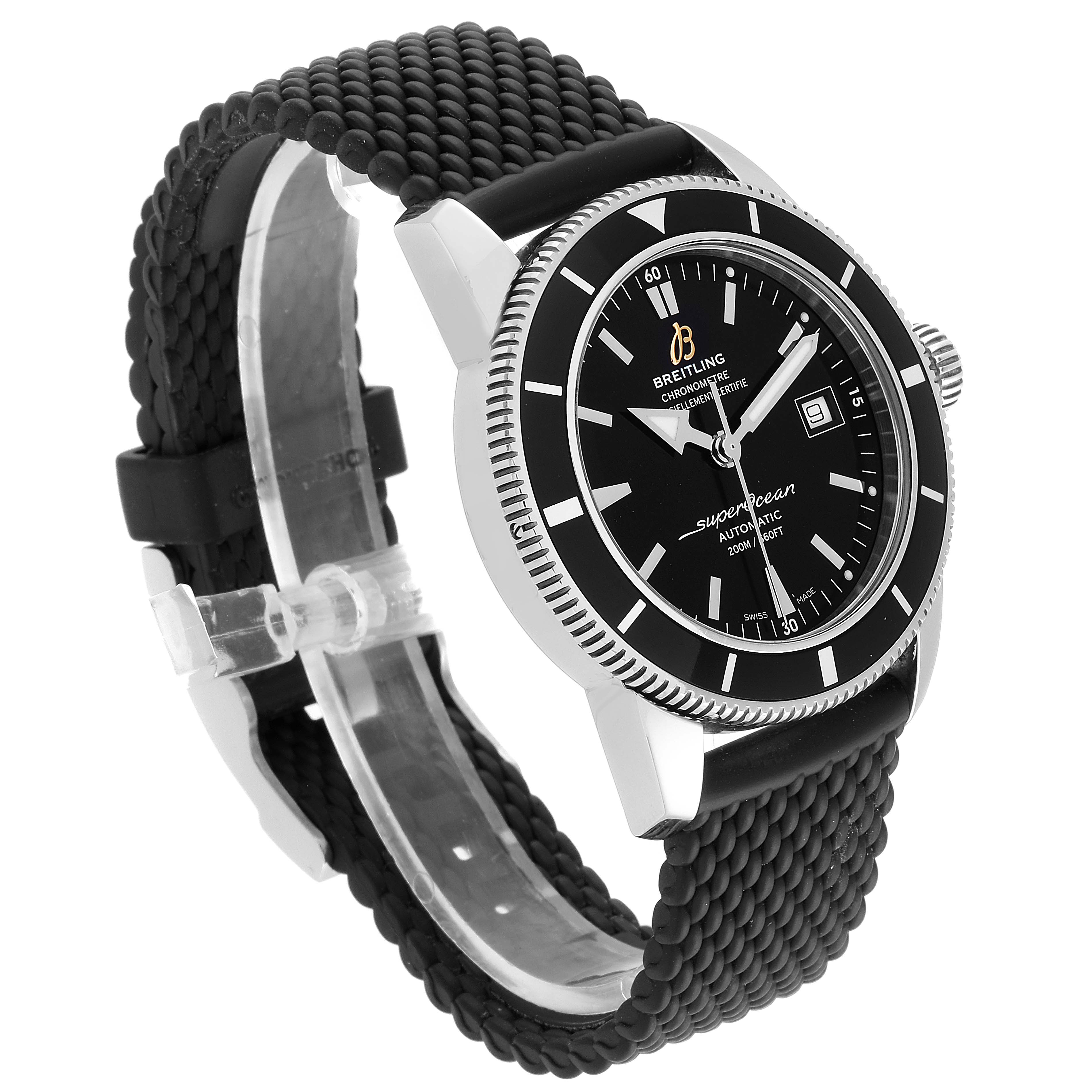 The Breitling Superocean A17321 Men's Stainless Steel Black Dial A17321 Men's Stainless Steel Black Dial watch is shown at an angle emphasizing its face, bezel, crown, and textured black strap.