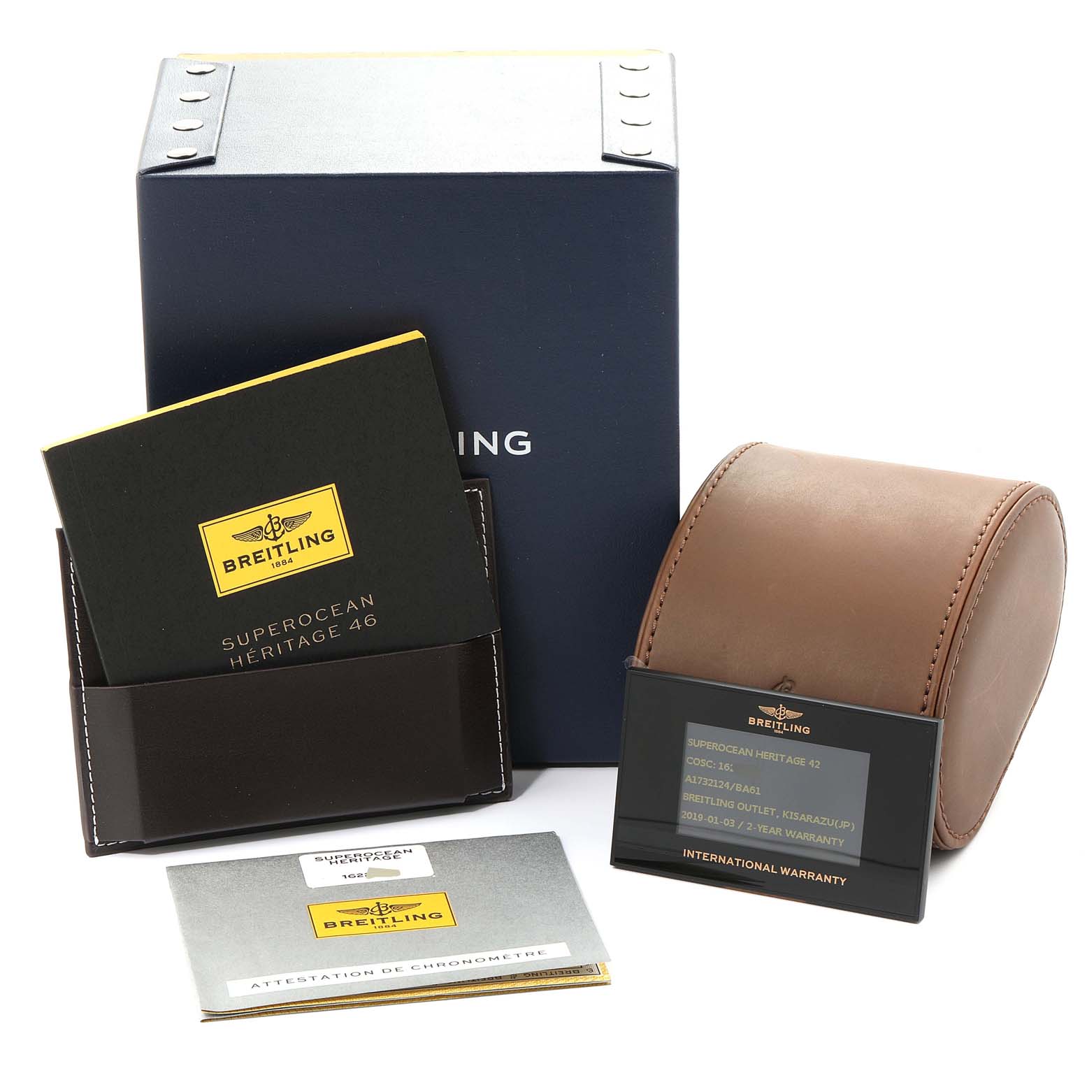 This image shows the box, manuals, warranty card, and leather carrying case for the Breitling Superocean A17321 Men's Stainless Steel Black Dial A17321 Men's Stainless Steel Black Dial Heritage 46 watch.