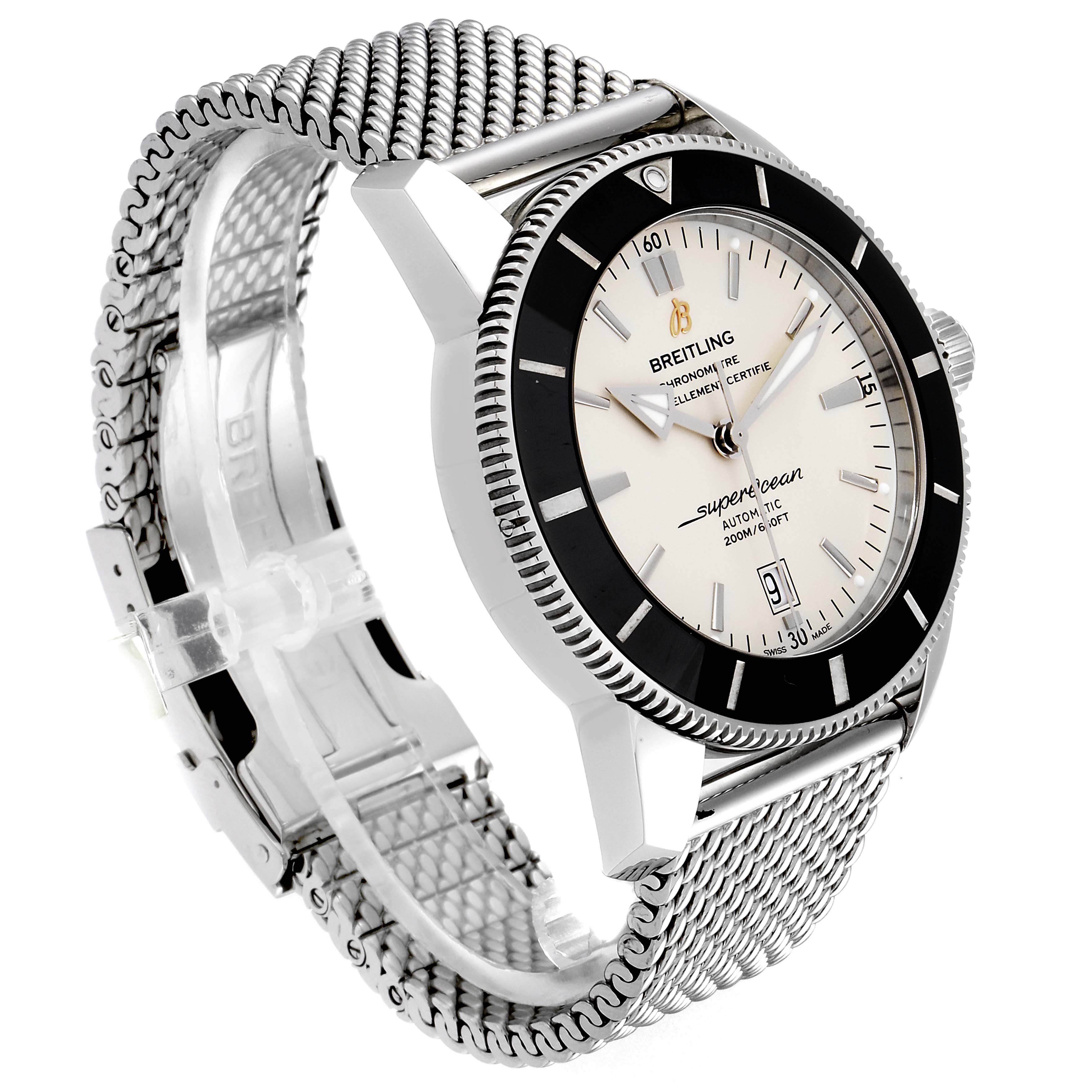This image shows a Breitling Superocean AB202016-C961-152A Men's Stainless Steel Silver Dial AB202016-C961-152A Men's Stainless Steel Silver Dial watch at an angled view, displaying its face, bezel, and metal mesh bracelet.