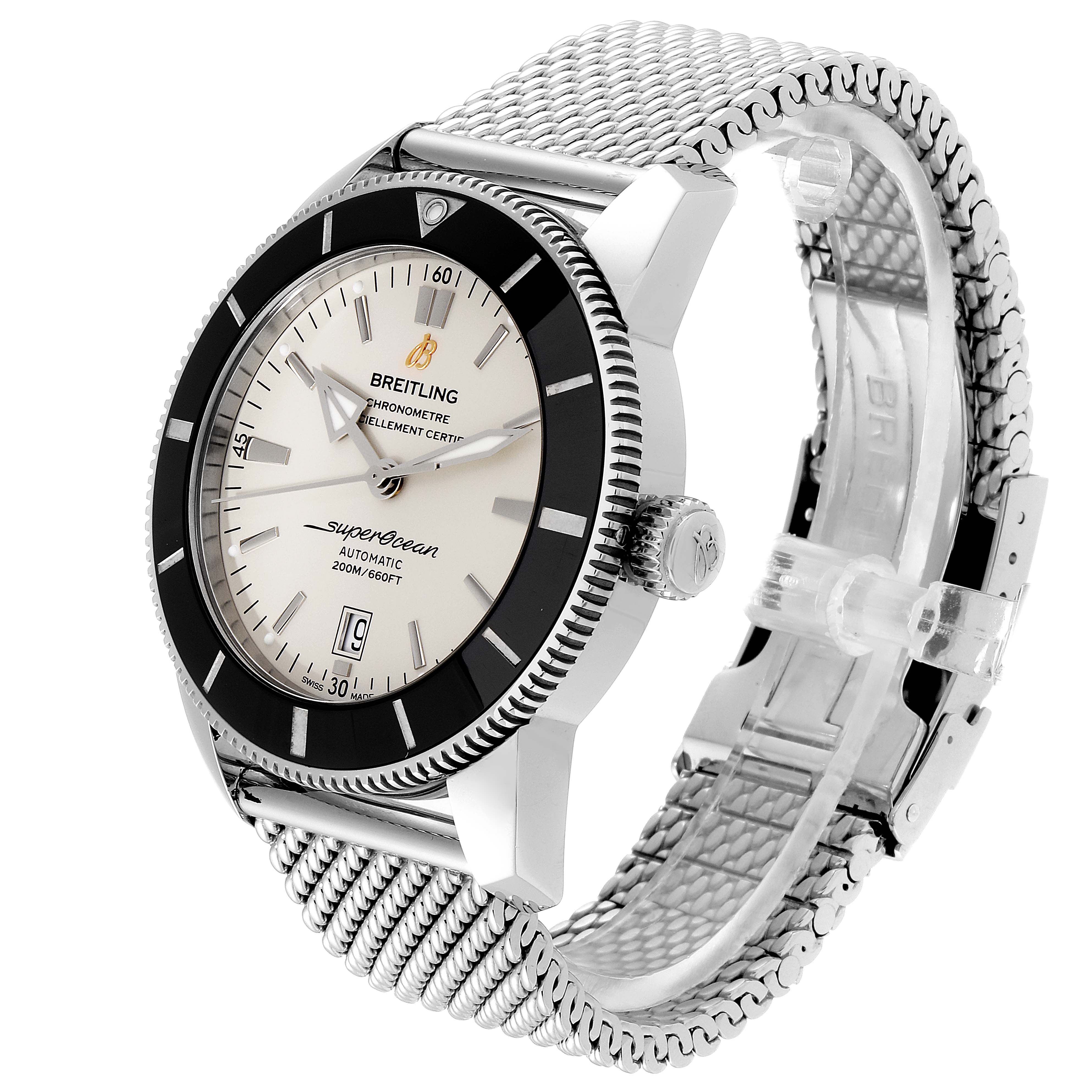 This image shows a Breitling Superocean AB202016-C961-152A Men's Stainless Steel Silver Dial AB202016-C961-152A Men's Stainless Steel Silver Dial watch at a three-quarter angle, highlighting its dial, bezel, crown, and mesh bracelet.