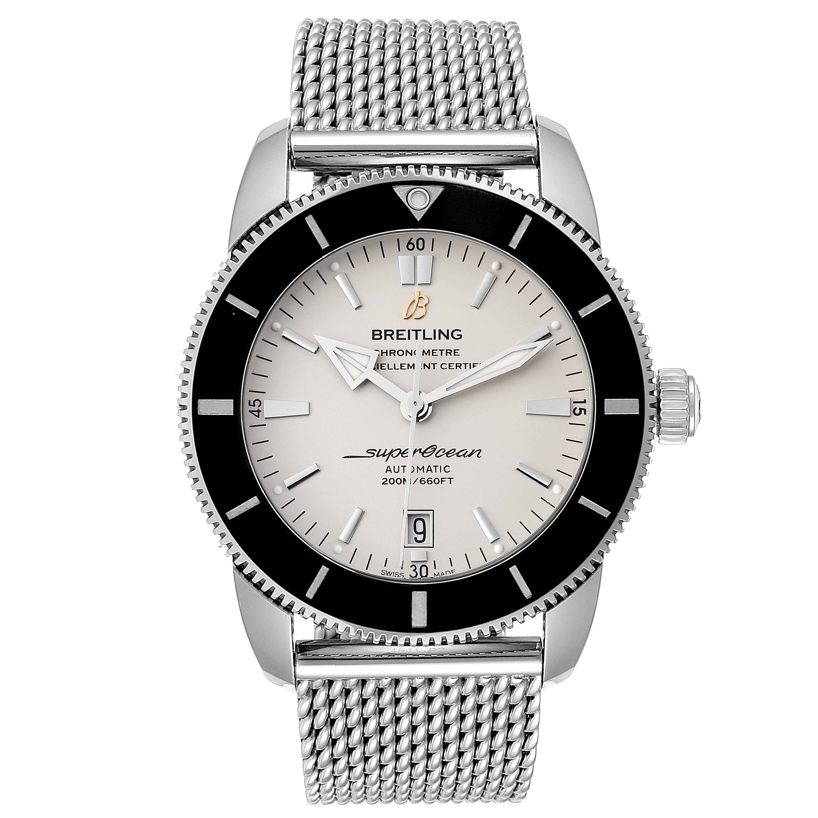 The image shows a front view of a Breitling Superocean AB202016-C961-152A Men's Stainless Steel Silver Dial AB202016-C961-152A Men's Stainless Steel Silver Dial watch, displaying the watch face, bezel, and mesh bracelet.