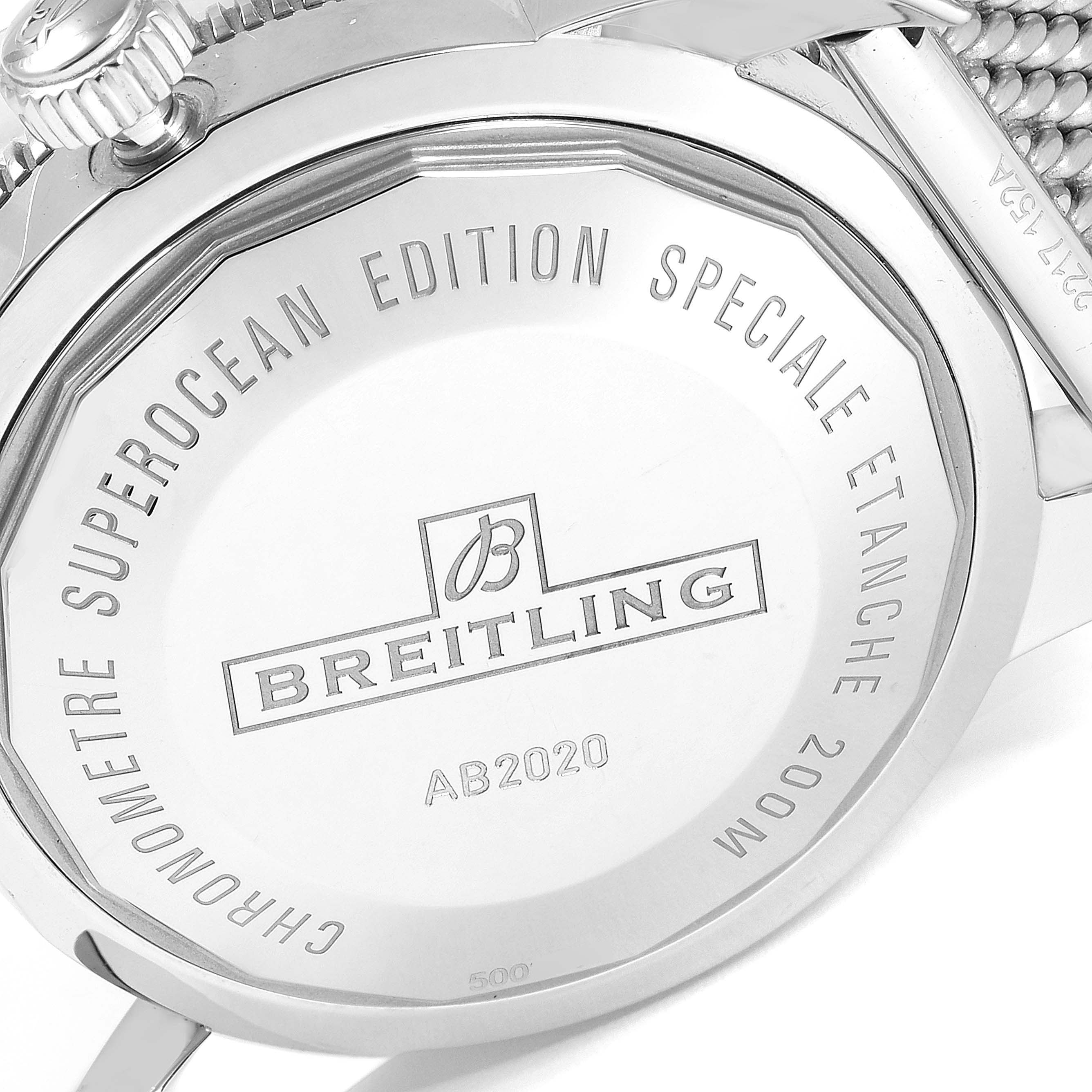 This image shows the case back of a Breitling Superocean AB202016-C961-152A Men's Stainless Steel Silver Dial AB202016-C961-152A Men's Stainless Steel Silver Dial model watch, highlighting the engravings and detailing.