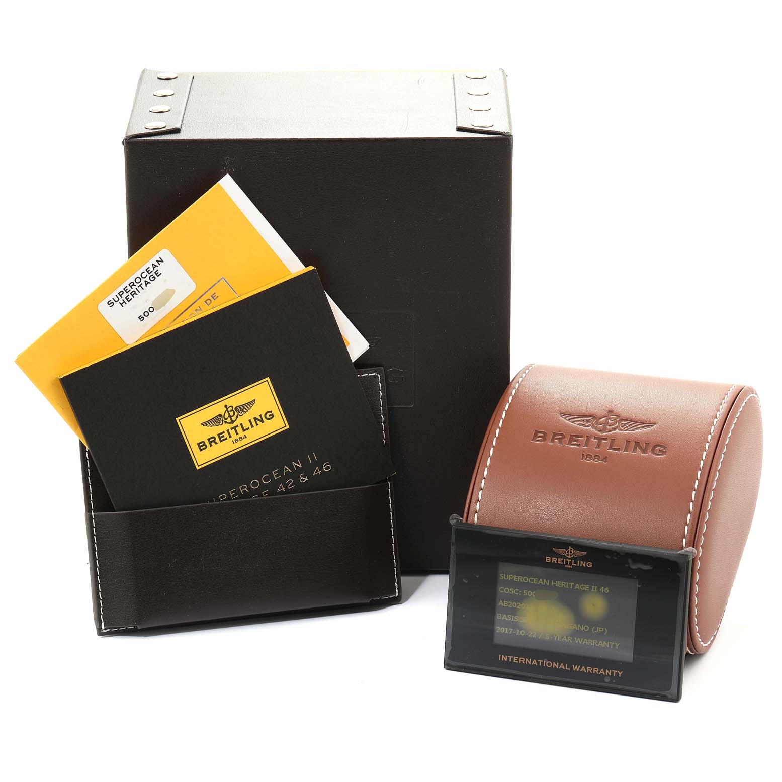 The image shows the box, case, manuals, and warranty card for the Breitling Superocean AB202016-C961-152A Men's Stainless Steel Silver Dial AB202016-C961-152A Men's Stainless Steel Silver Dial model.