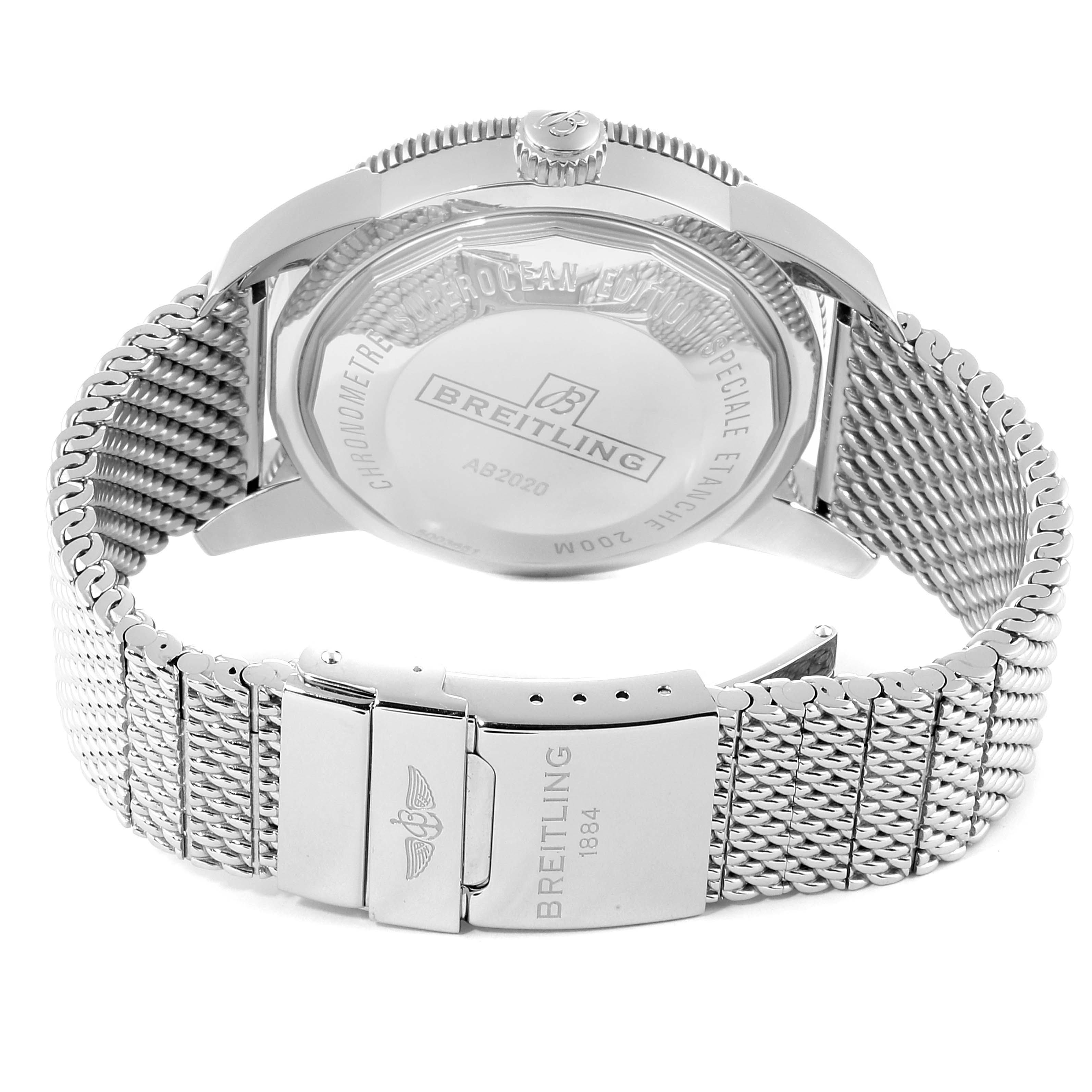 The image shows the back and the metal bracelet of the Breitling Superocean AB202016-C961-152A Men's Stainless Steel Silver Dial AB202016-C961-152A Men's Stainless Steel Silver Dial watch with visible engravings and a polished clasp.