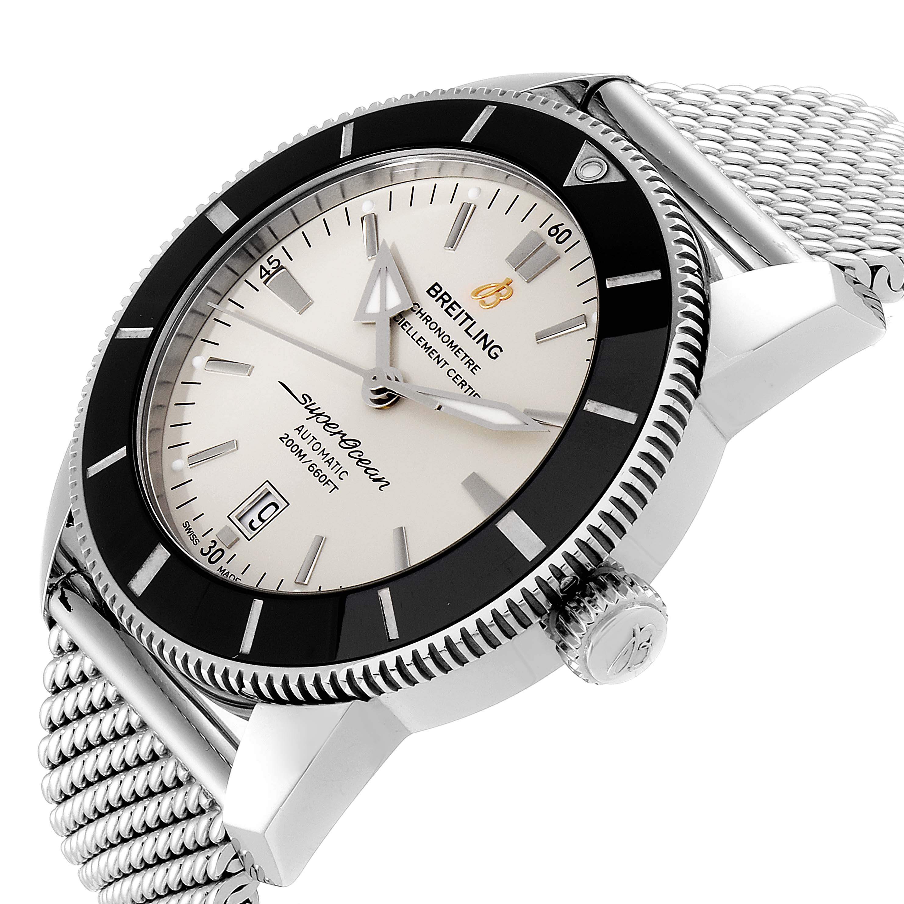 The image shows a Breitling Superocean AB202016-C961-152A Men's Stainless Steel Silver Dial AB202016-C961-152A Men's Stainless Steel Silver Dial watch angled to display the face, bezel, crown, and portion of the metal bracelet.