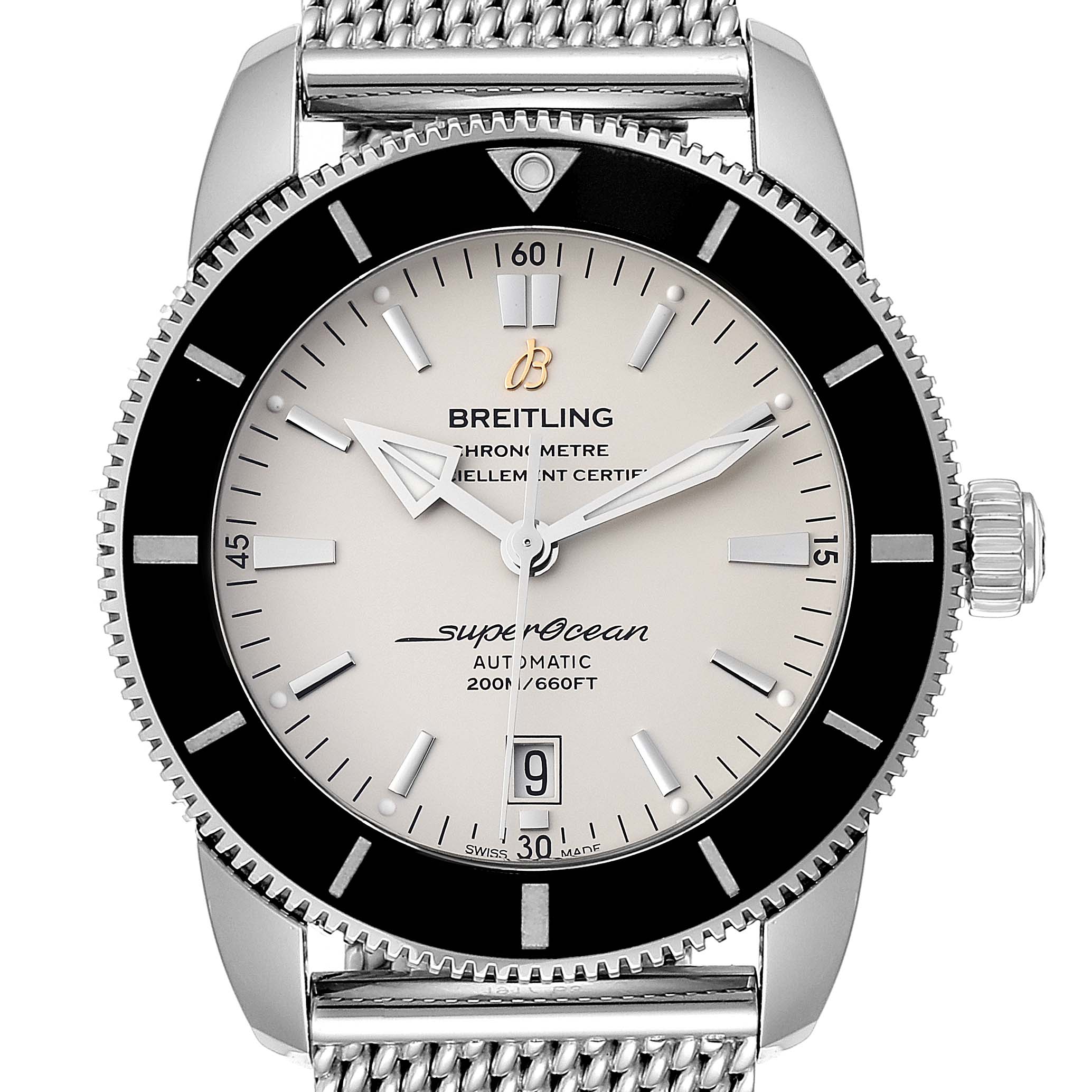 The image shows a frontal view of a Breitling Superocean AB202016-C961-152A Men's Stainless Steel Silver Dial AB202016-C961-152A Men's Stainless Steel Silver Dial watch, displaying the dial, bezel, crown, and part of the mesh bracelet.