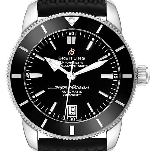 This image shows a front view of the Breitling Superocean watch, highlighting the dial, bezel, and crown.