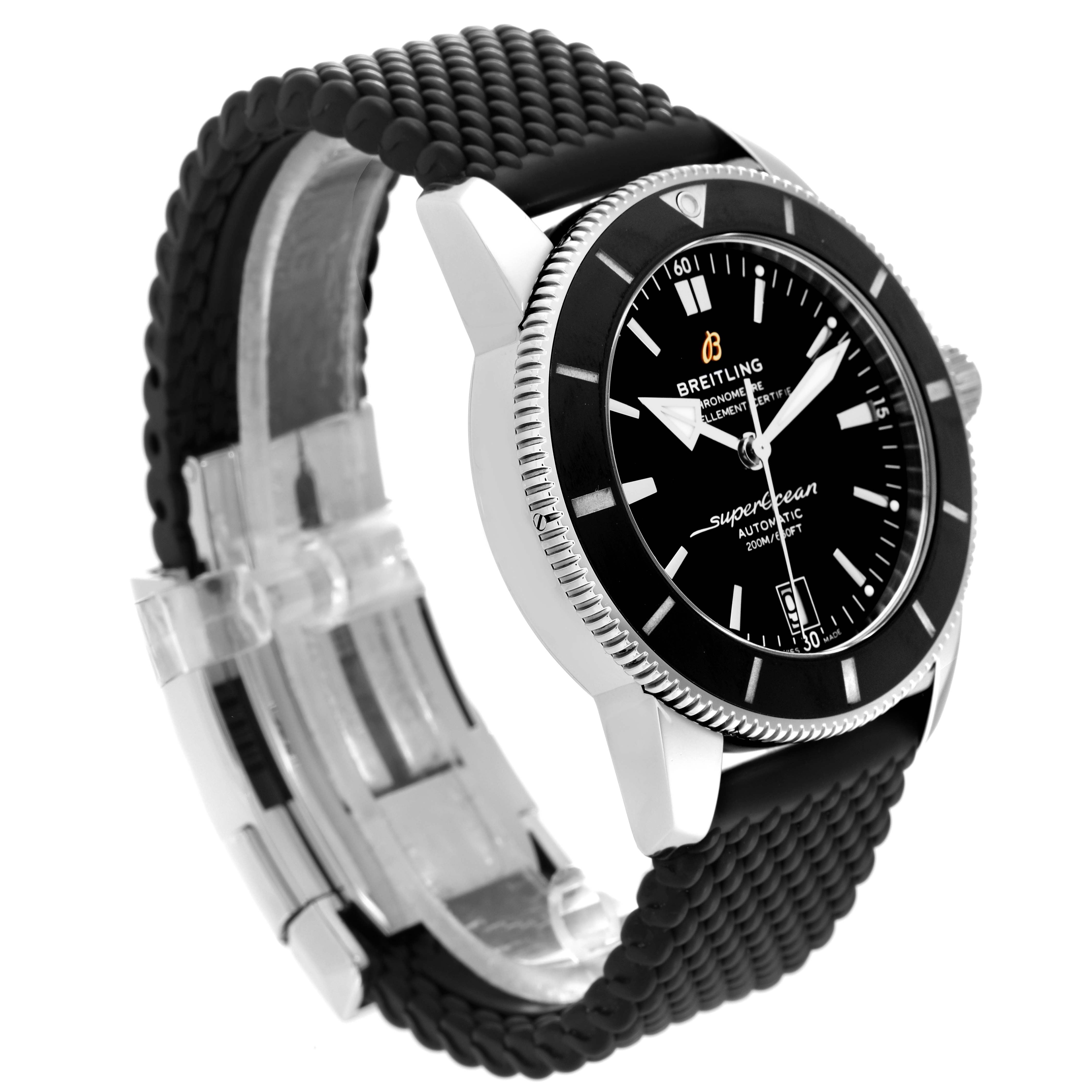 The Breitling Superocean AB2010 Men
s Stainless Steel Black Dial AB2010 Men
s Stainless Steel Black Dial watch is shown at a slight angle, highlighting the face, bezel, and textured band.